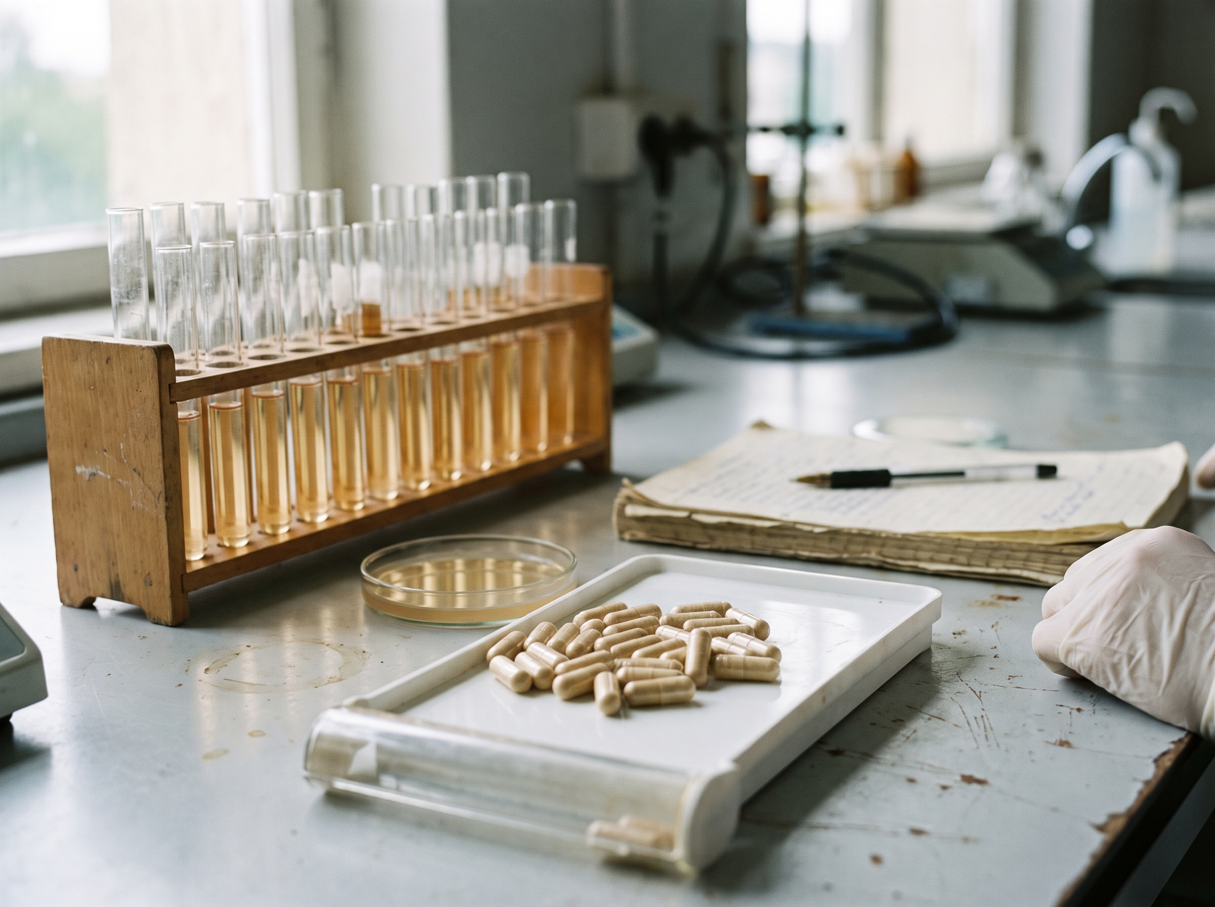 Lab bench with test tubes, research notebook and capsules