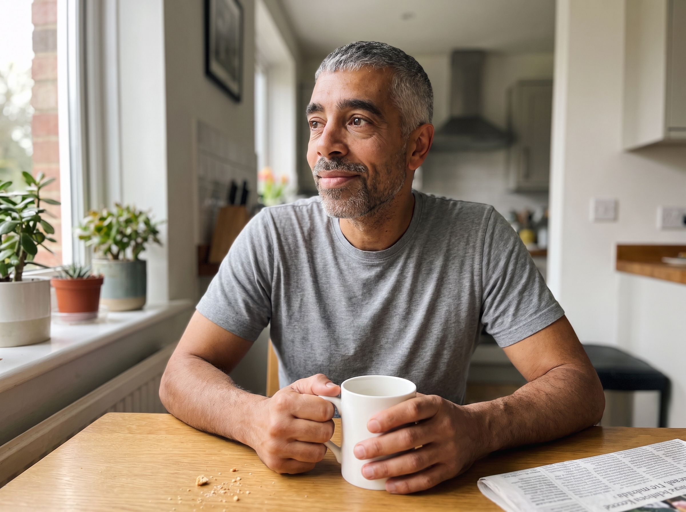 Paul at his kitchen table in the morning, hands around a coffee mug