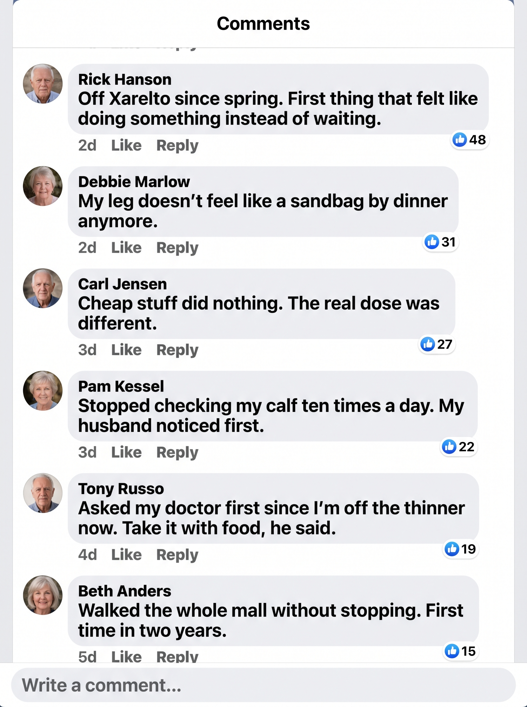 Facebook comments from clot survivors off their thinners