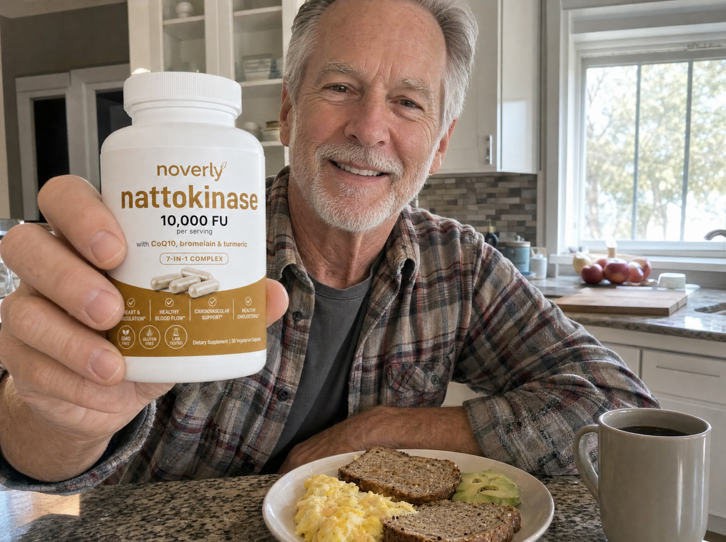 A customer holding the Noverly Nattokinase bottle at home