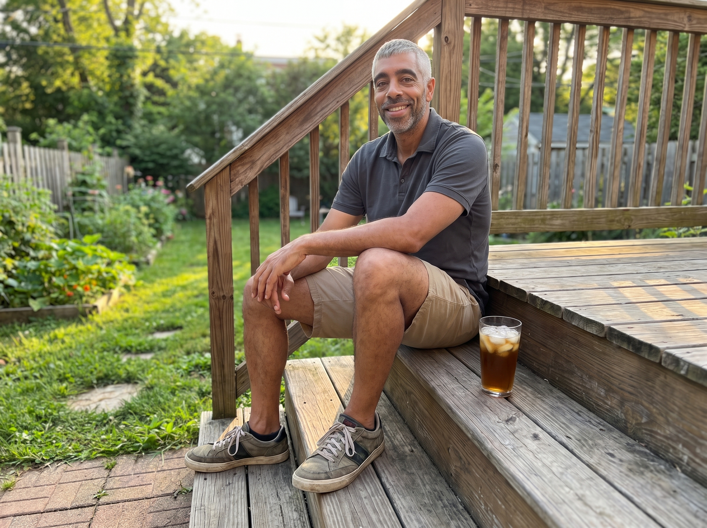 Paul relaxing on his porch in the evening in shorts