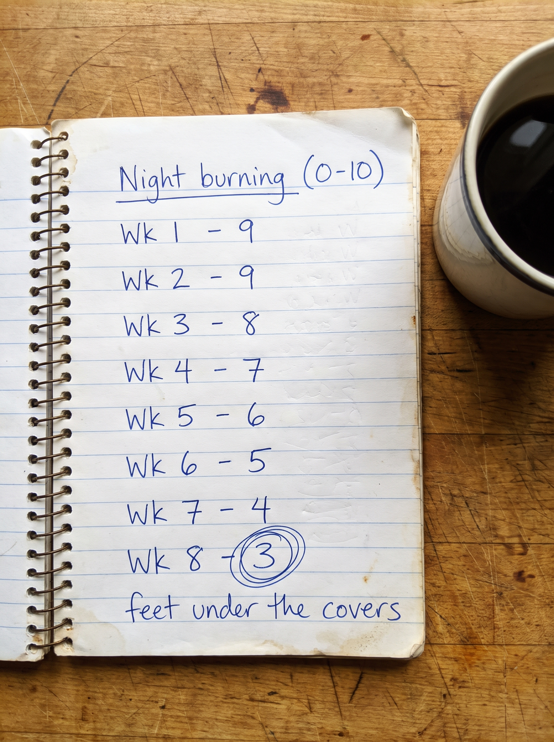 Handwritten notebook — night burning score dropping 9 to 3
