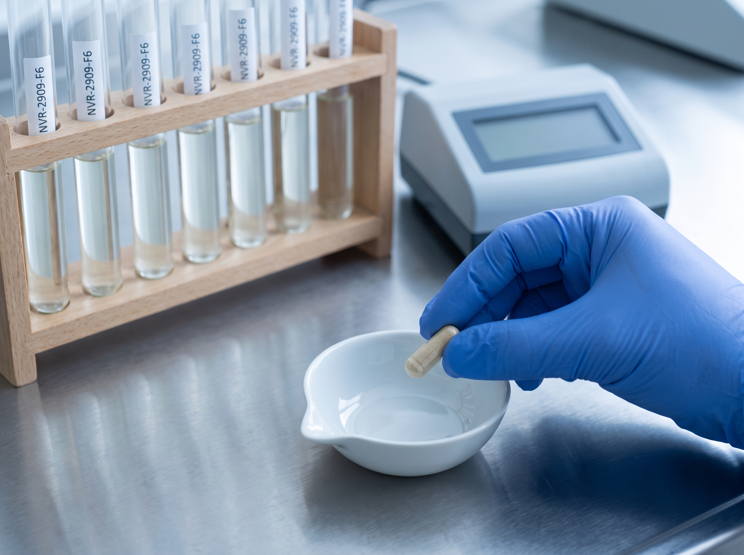 Quality-control lab bench with test tubes and a capsule