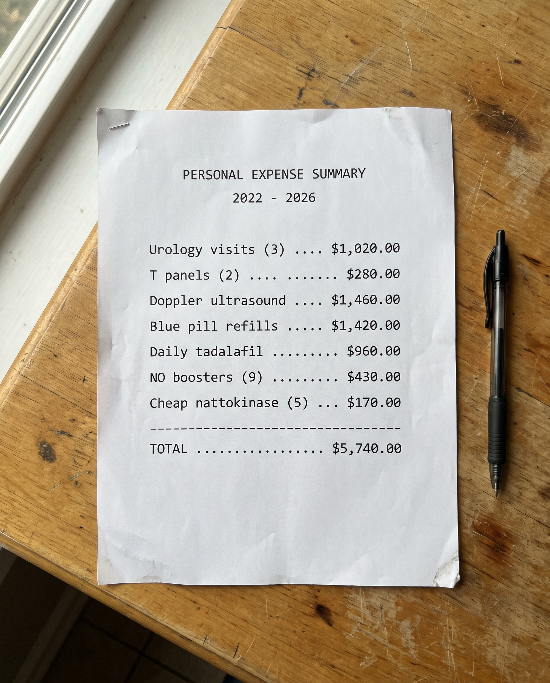 An itemized statement totaling $5,740 spent chasing the problem
