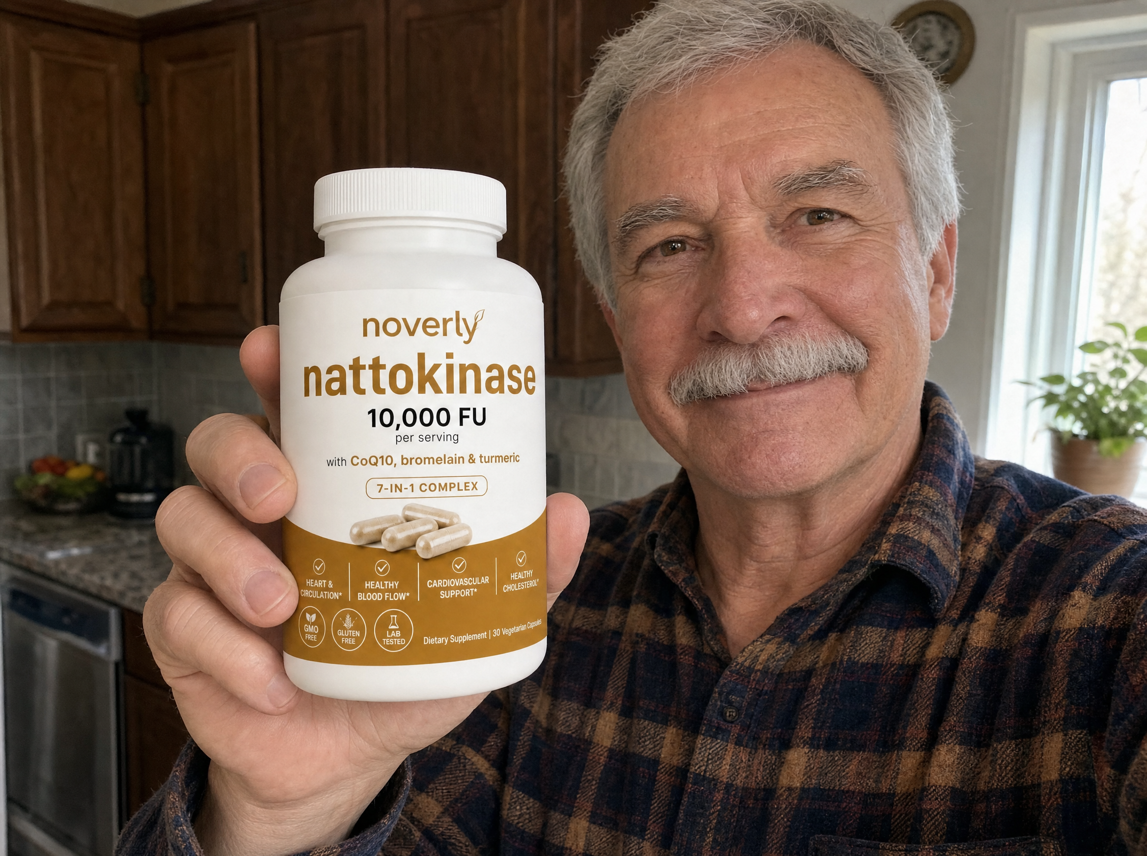 A customer holding the Noverly Nattokinase bottle at home