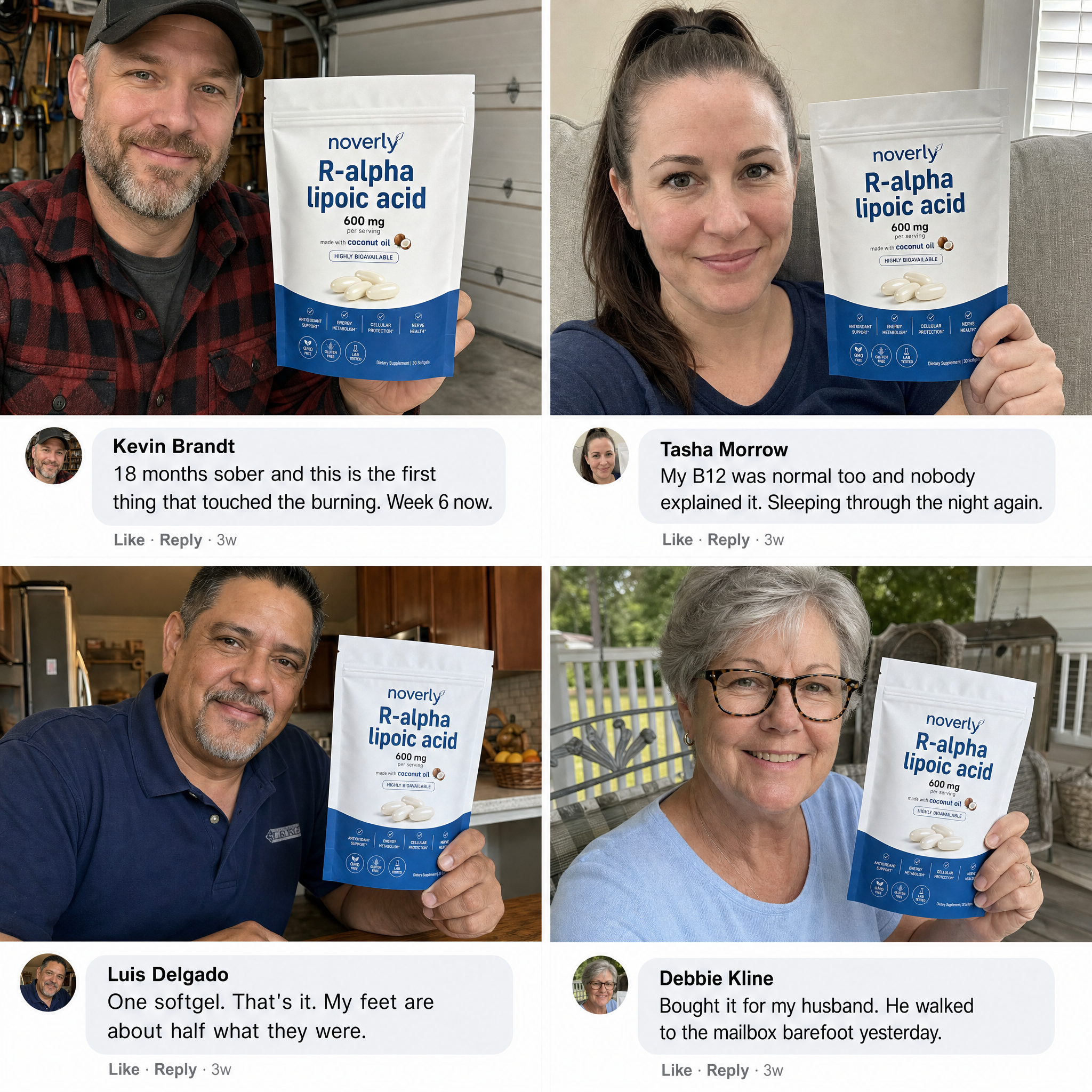 Facebook testimonials from customers holding the pouch