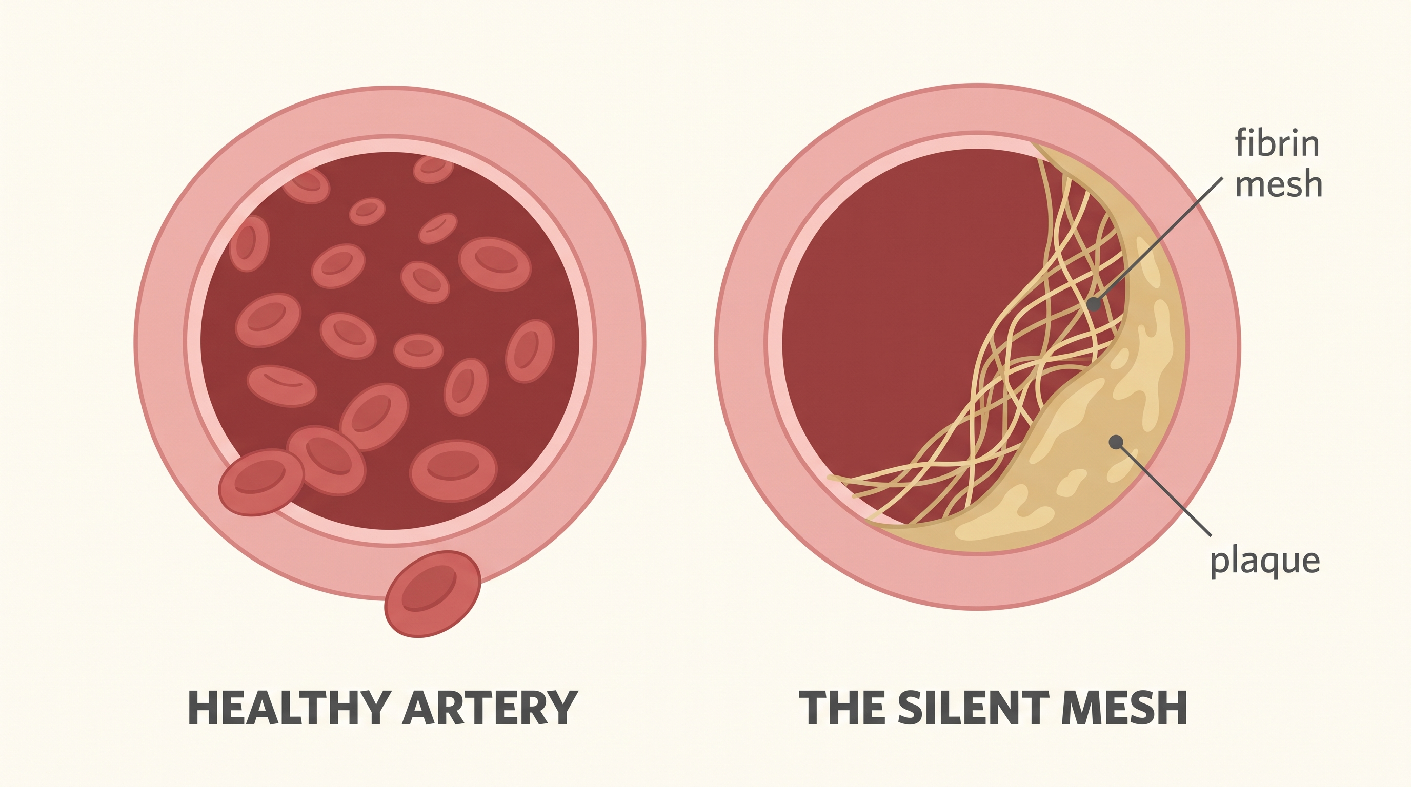 Healthy artery vs the silent mesh — plaque packed around a fibrin mesh