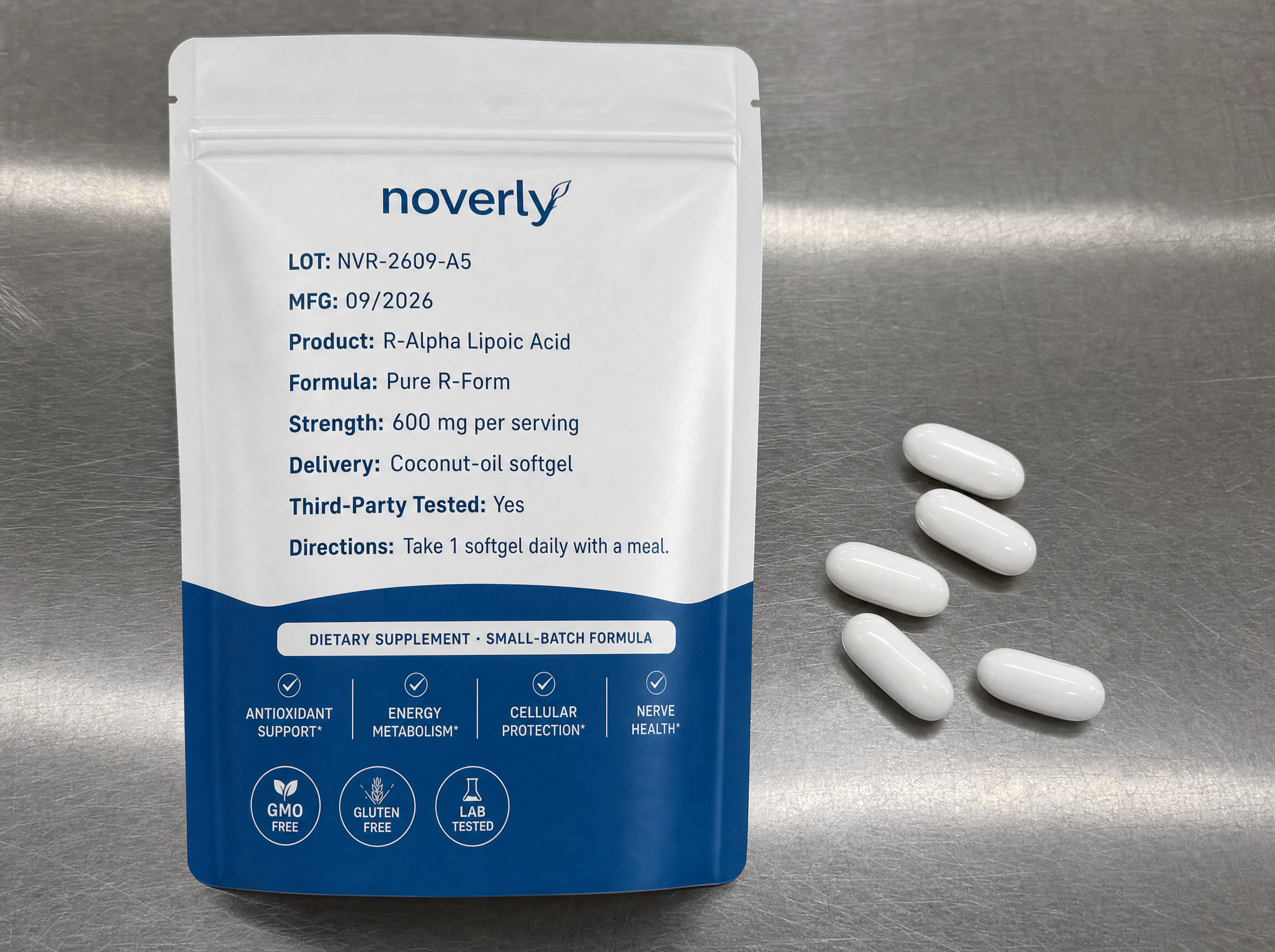 Noverly R-Alpha Lipoic Acid spec label — lot, formula, directions, small batch