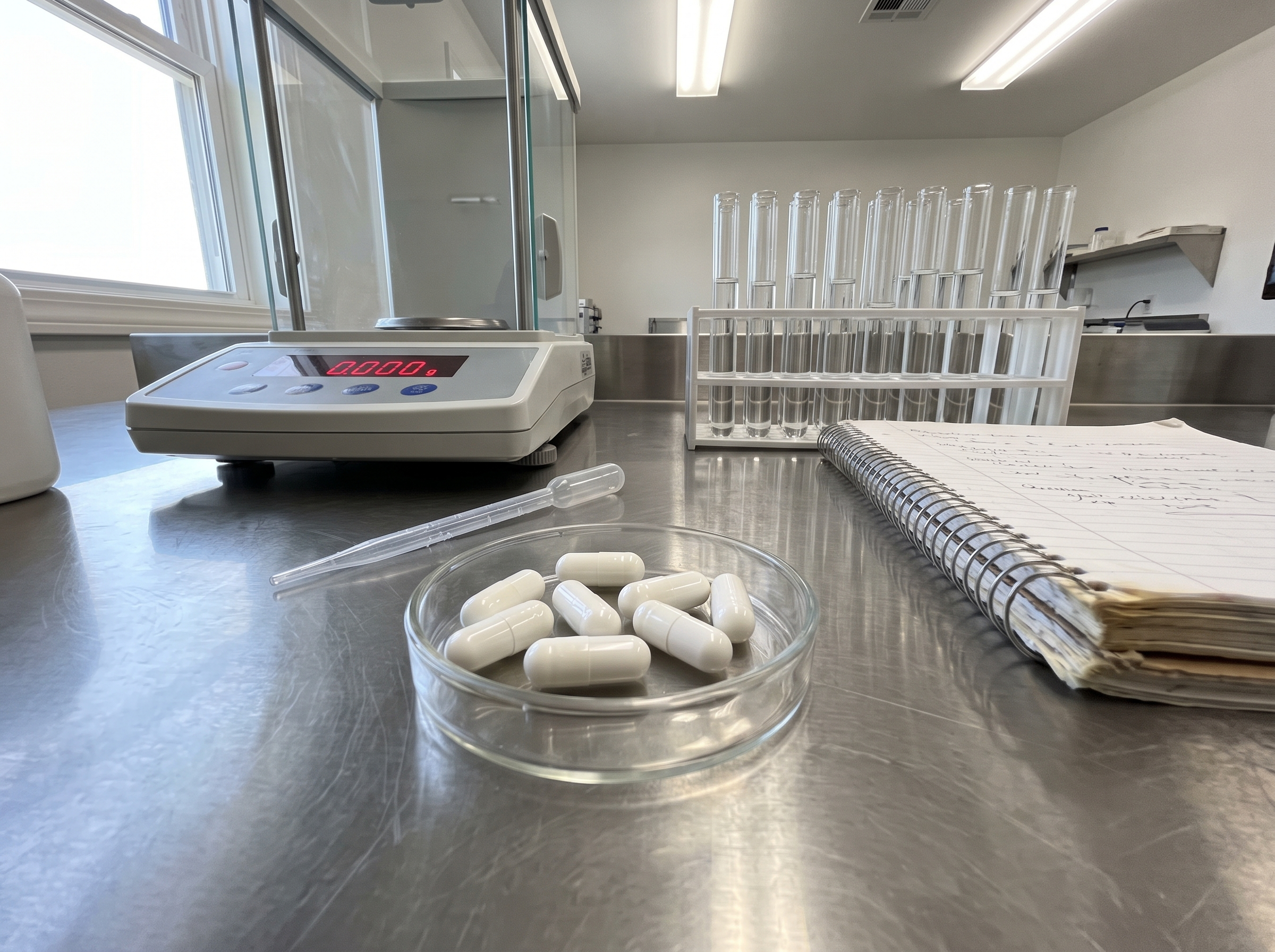 Lab bench with glassware and a notebook