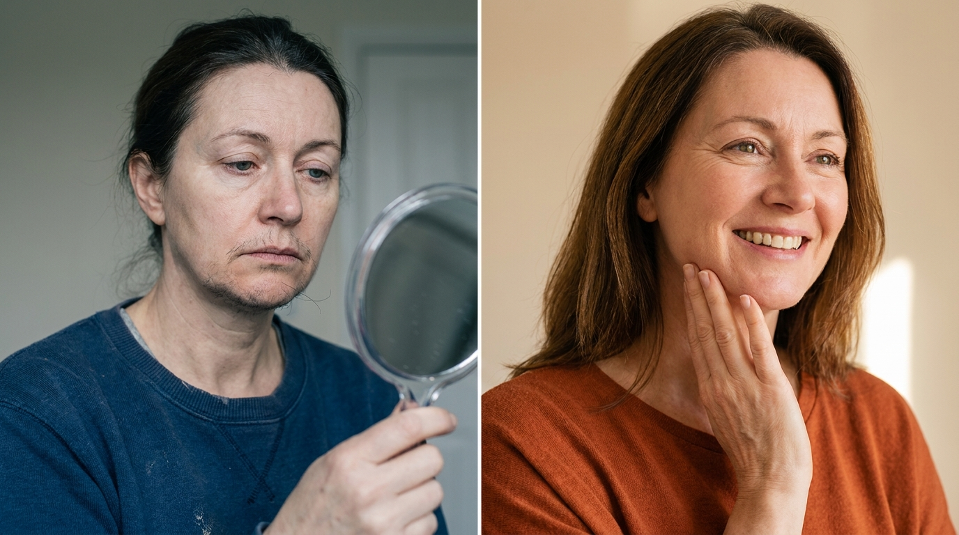 Before and after: coarse chin hair versus smooth, confident skin