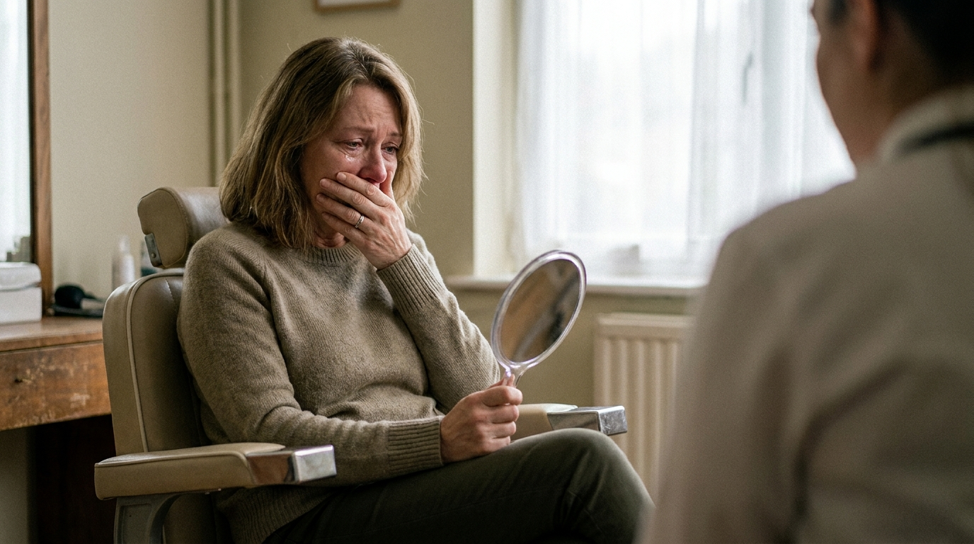 A woman in tears in a treatment chair