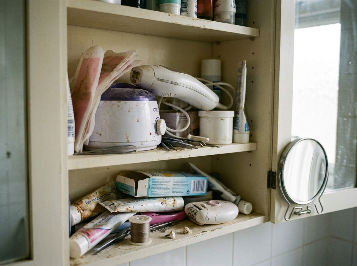 A cabinet full of failed hair removal products