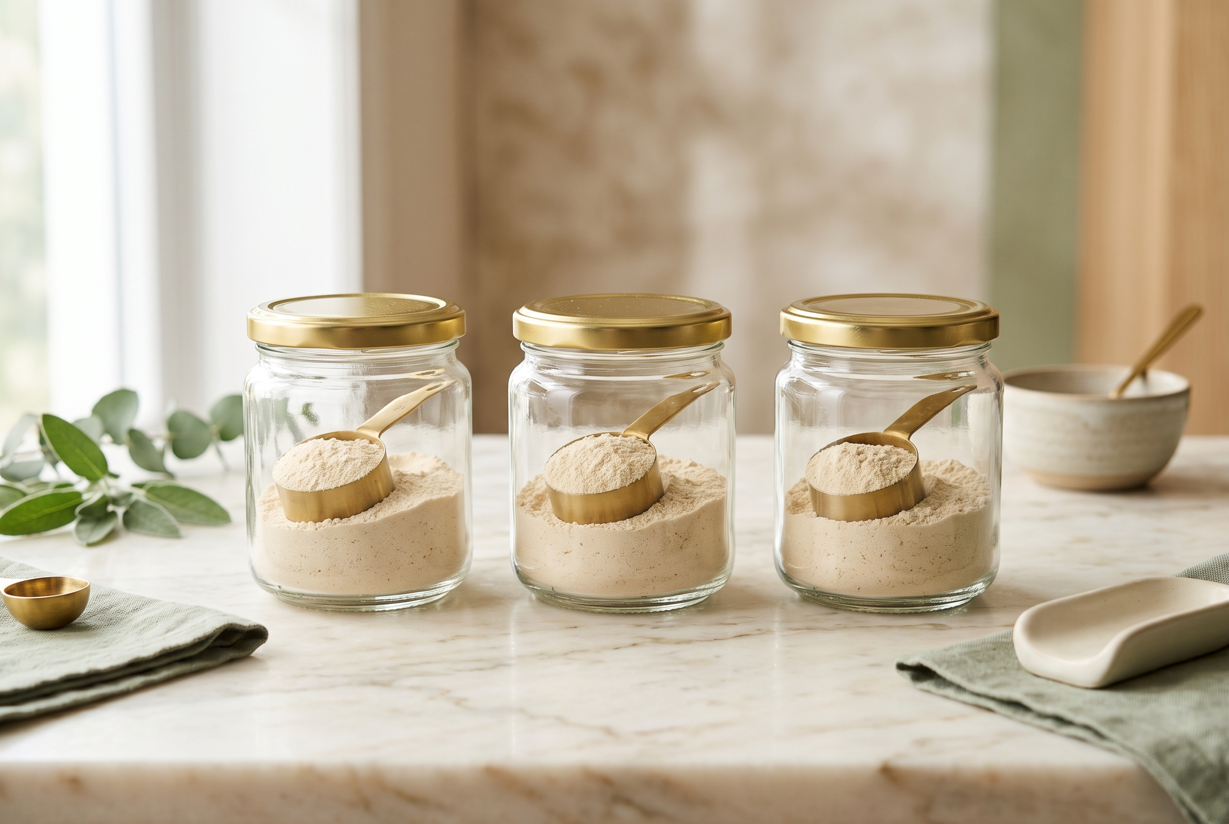 Three small measured scoops of protein powder in glass jars, portioned and consistent