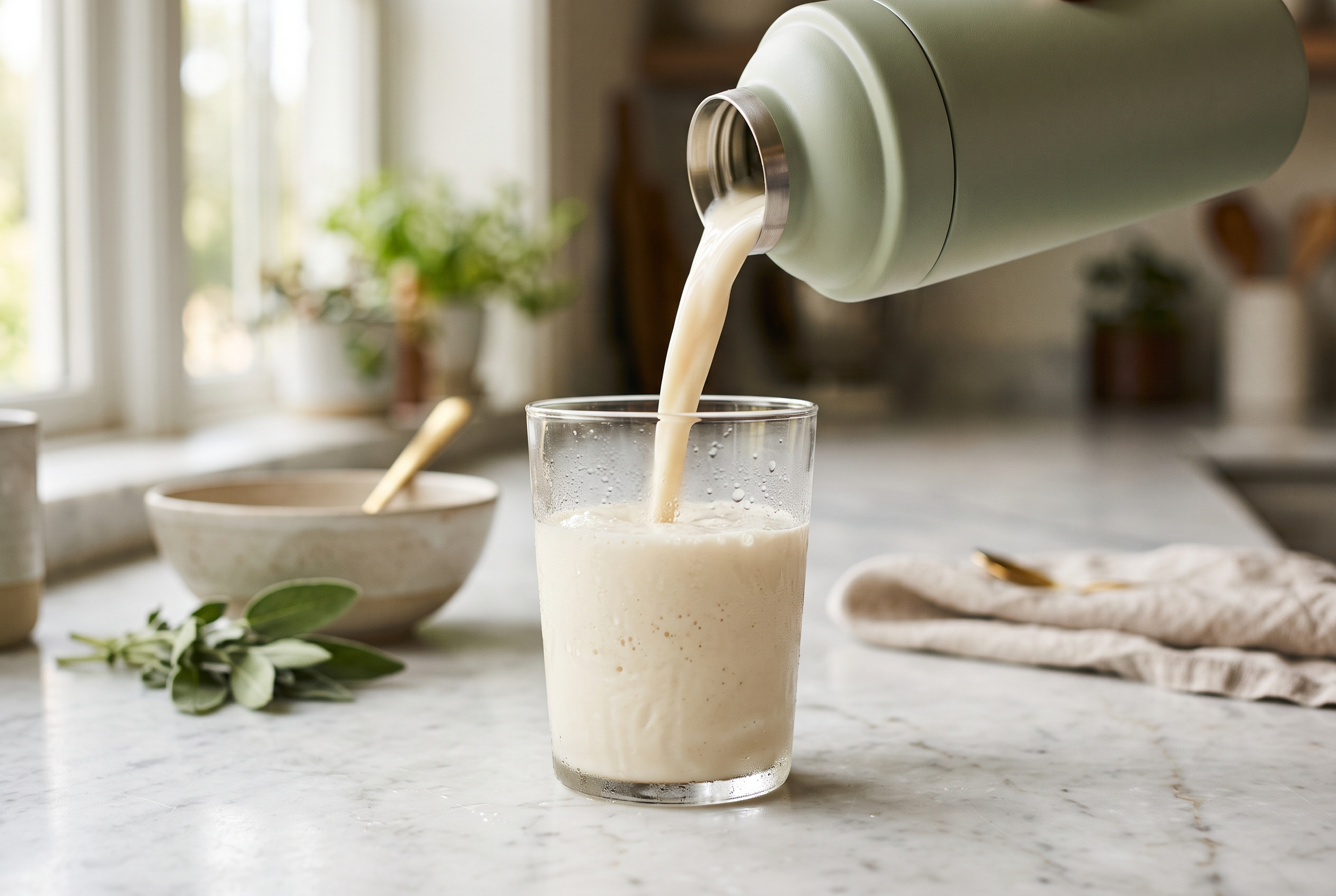 A smooth protein shake pouring into a glass, calm and clean