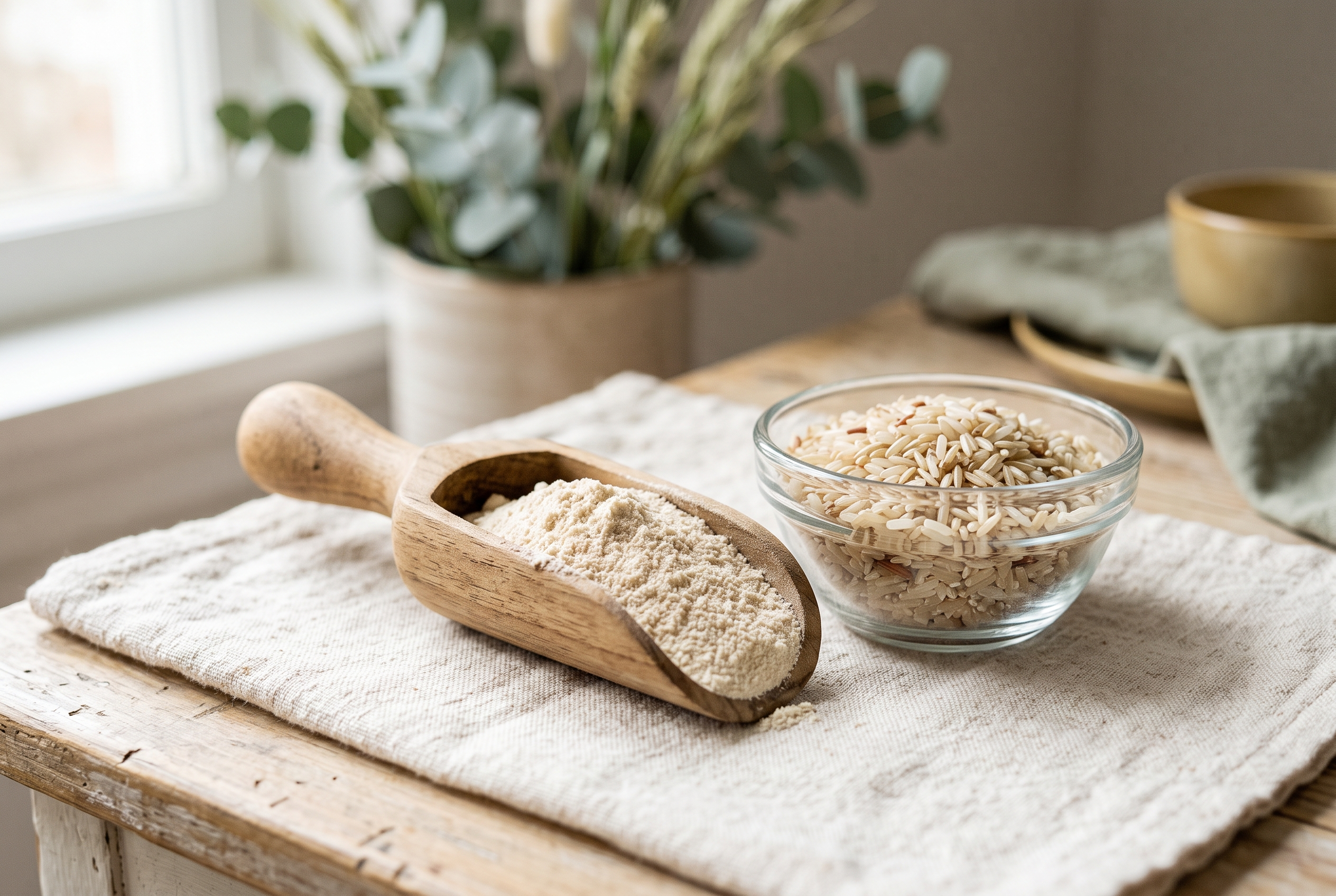 A wooden scoop of pale rice protein powder beside raw rice grains