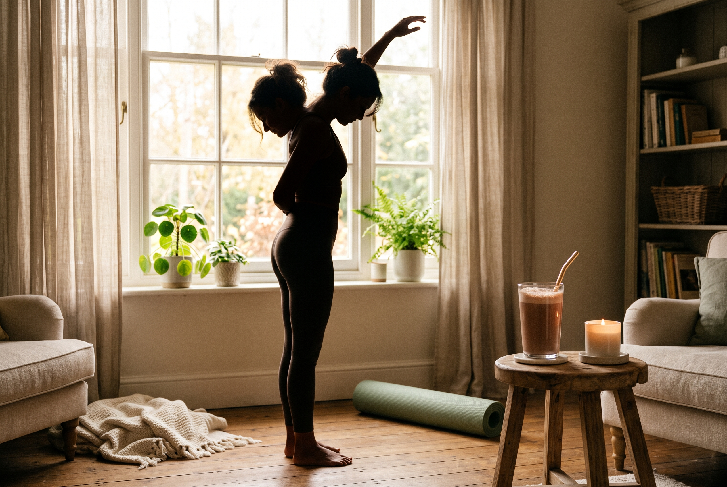 A calm stretch after a light home workout, a protein shake resting nearby