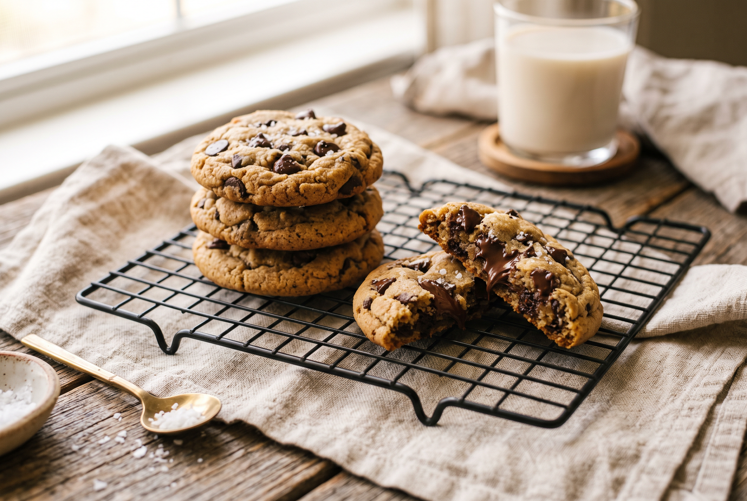 A stack of chocolate chip protein cookies, one broken to show a soft centre