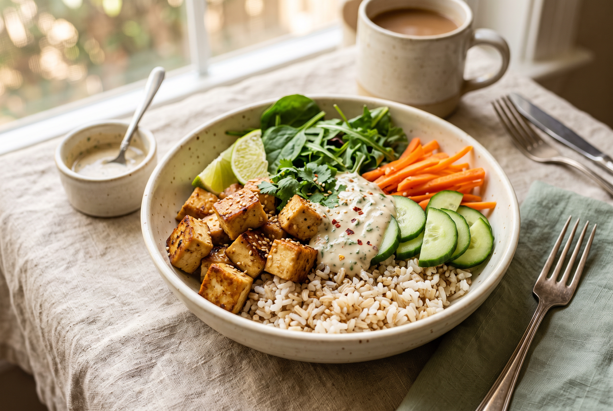 A wholesome lunch bowl with tofu, rice and vegetables