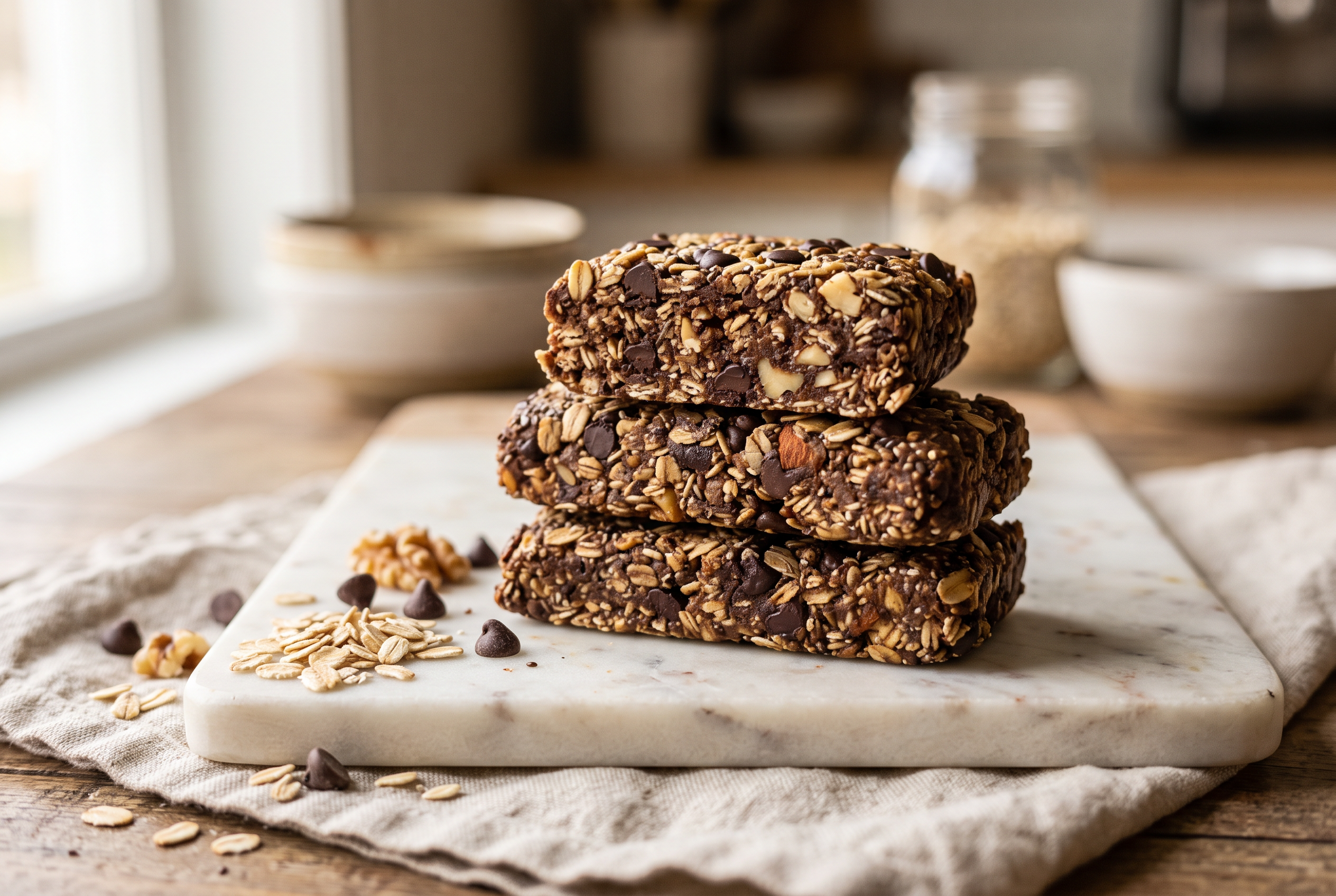 Three no-bake protein bars stacked, showing a dense textured cross-section