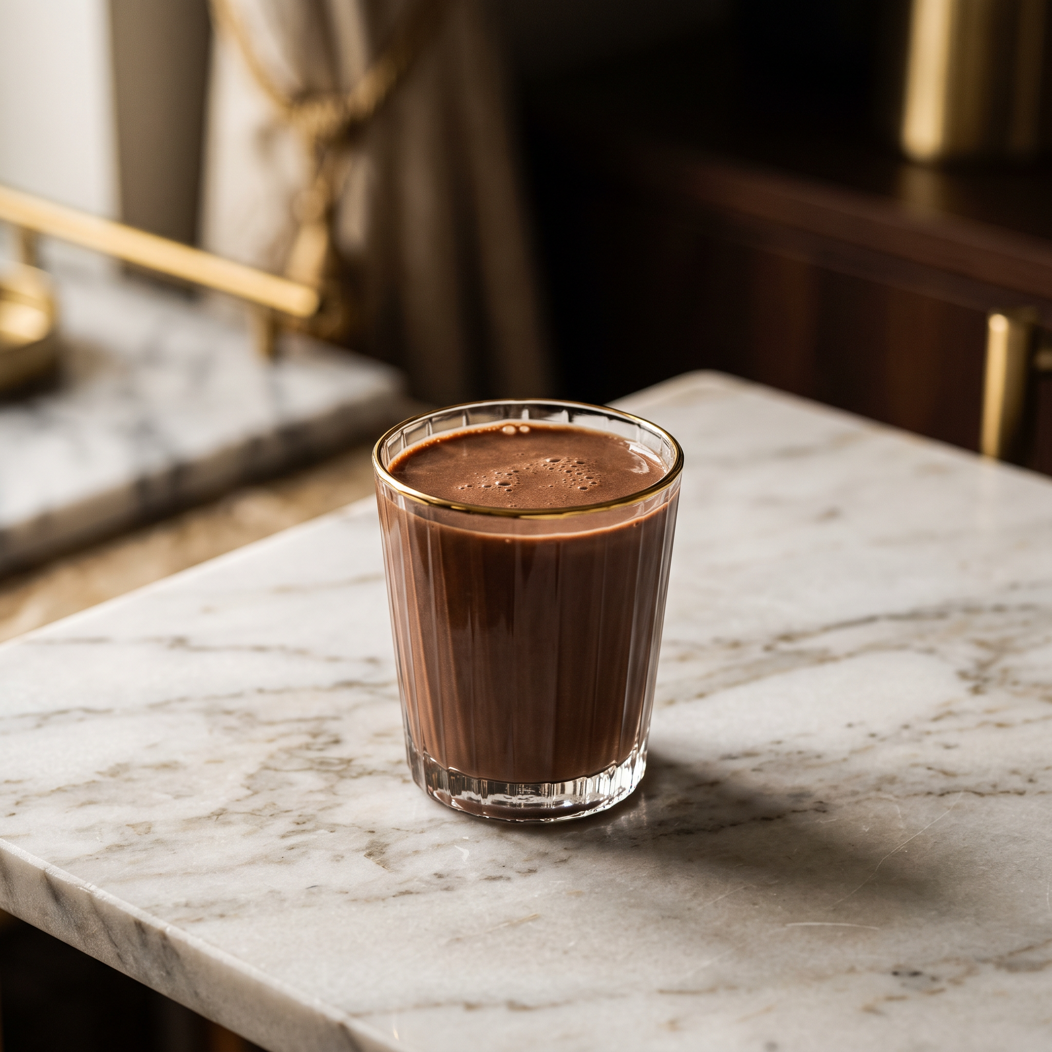 A single elegant glass of protein shake, minimal and considered