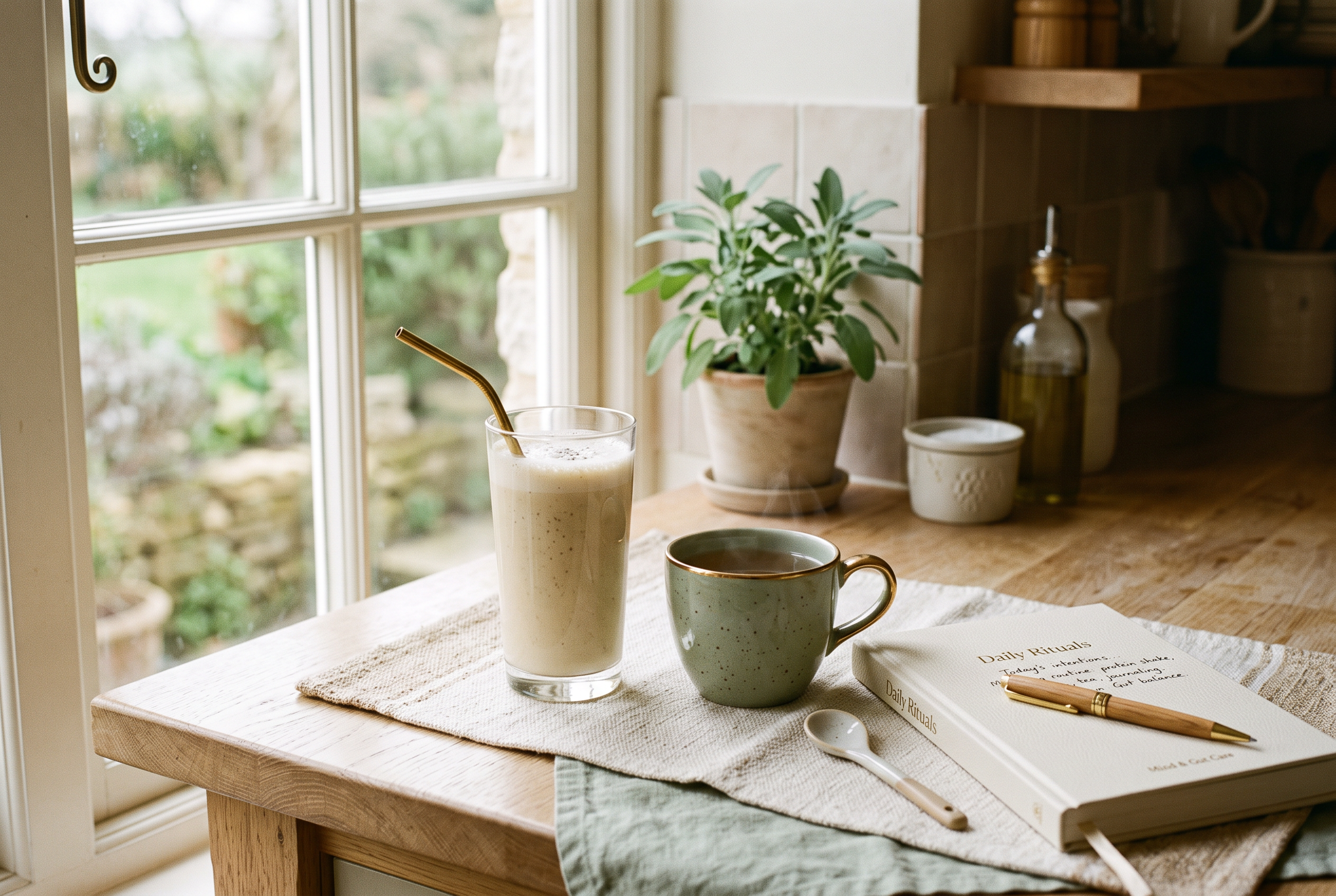 A calm morning setup with a protein shake, journal and tea