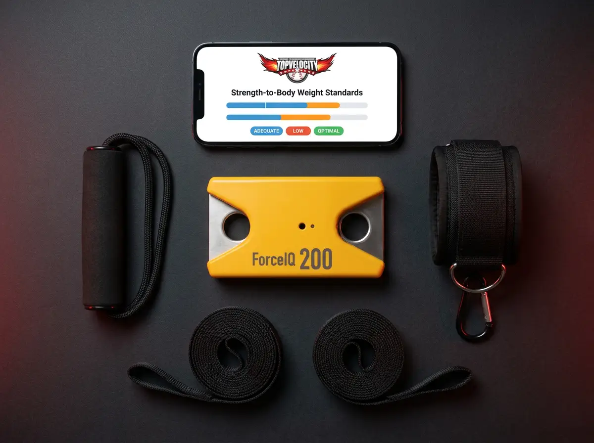 ForceIQ kit contents: device, grip connector, ankle connector, straps and the TopVelocity app
