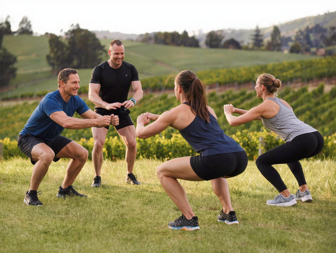 A group doing functional training together in a meadow with a view of the hills