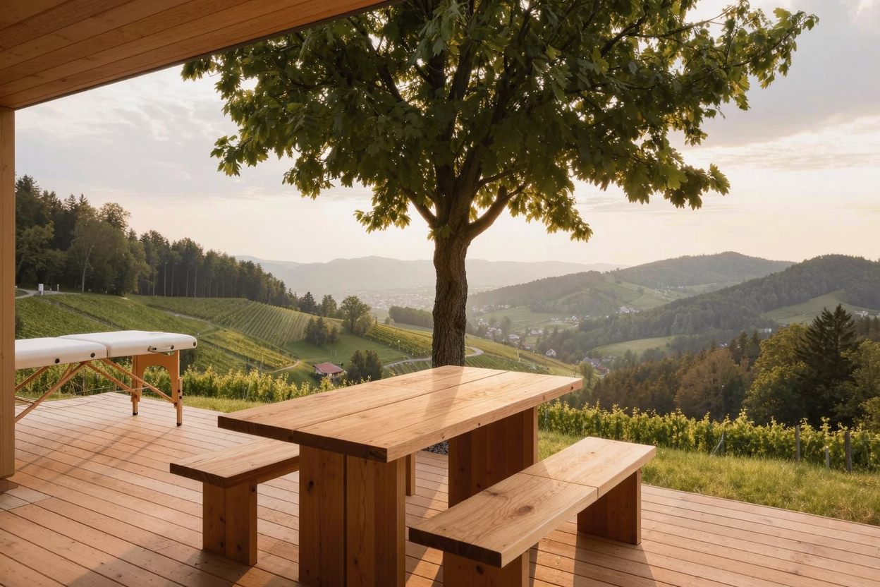 A terrace overlooking the green hills of Kozjansko, set up for a regeneration program