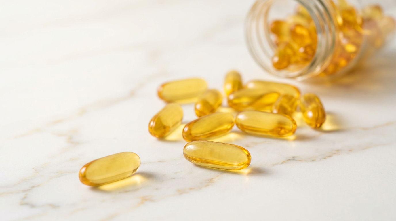 Cápsulas de ómega 3 de óleo de peixe sobre superfície de mármore — suplemento para saúde cardiovascular e bem-esta
