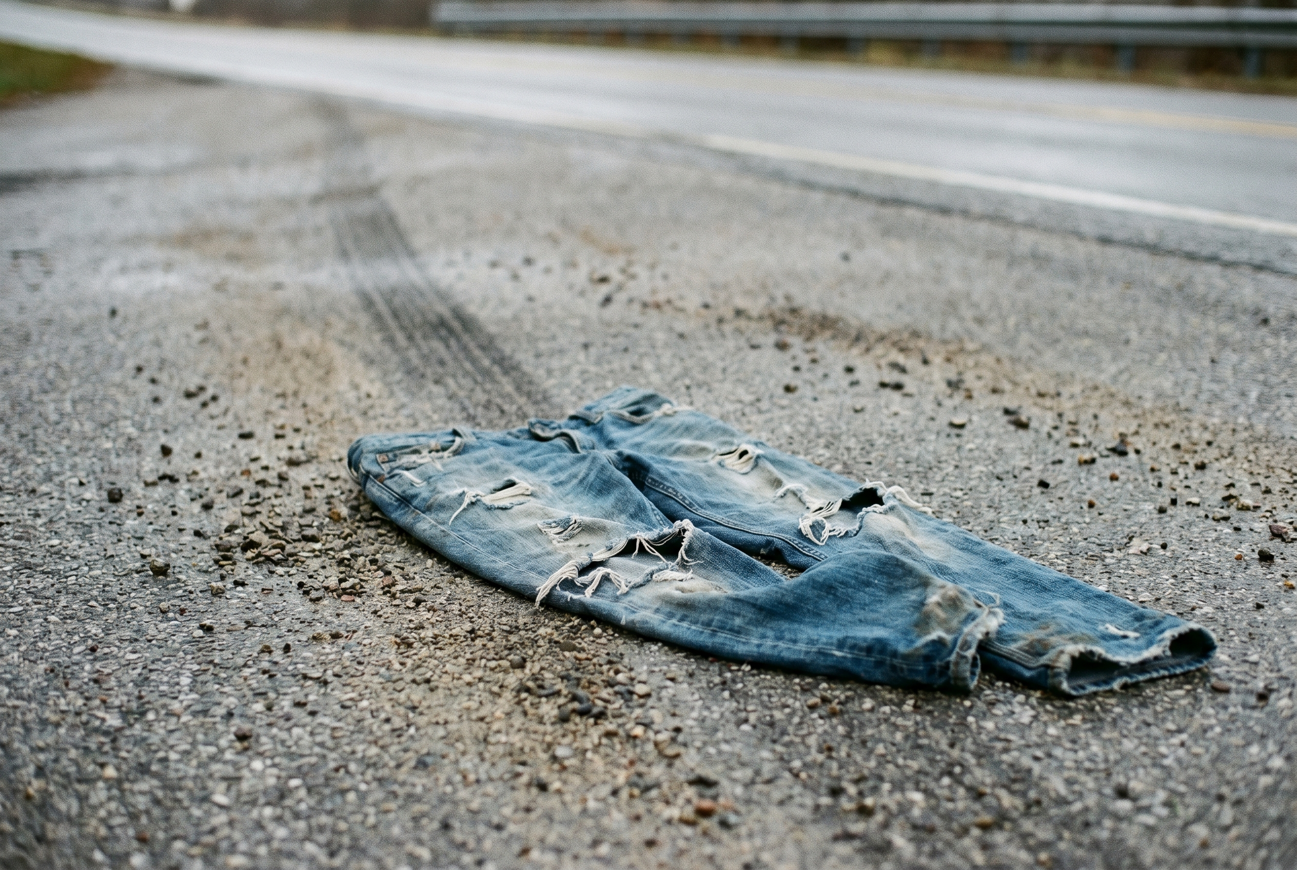 A shredded pair of denim jeans on the asphalt after a motorcycle slide