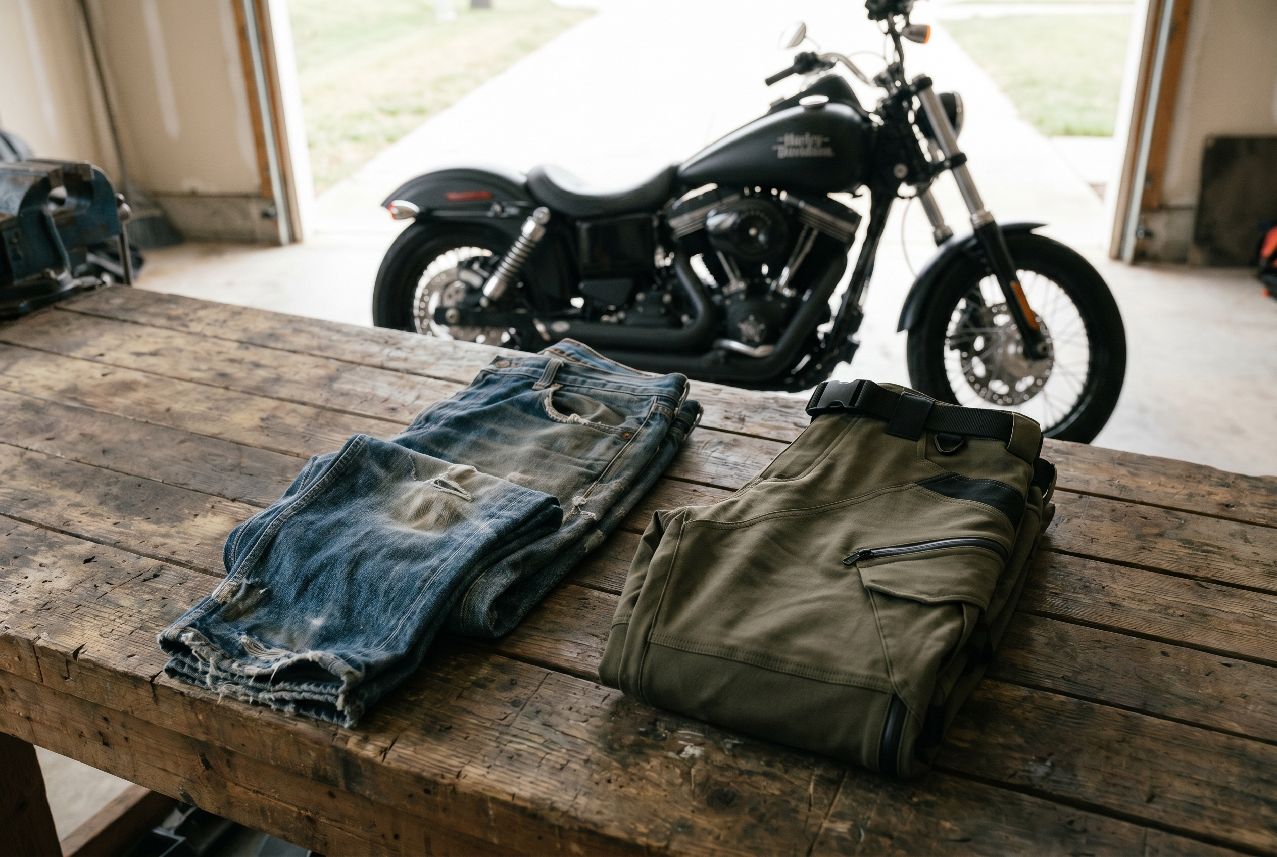 Worn farm store jeans on the left, the new olive RoadArmor riding pants on the right