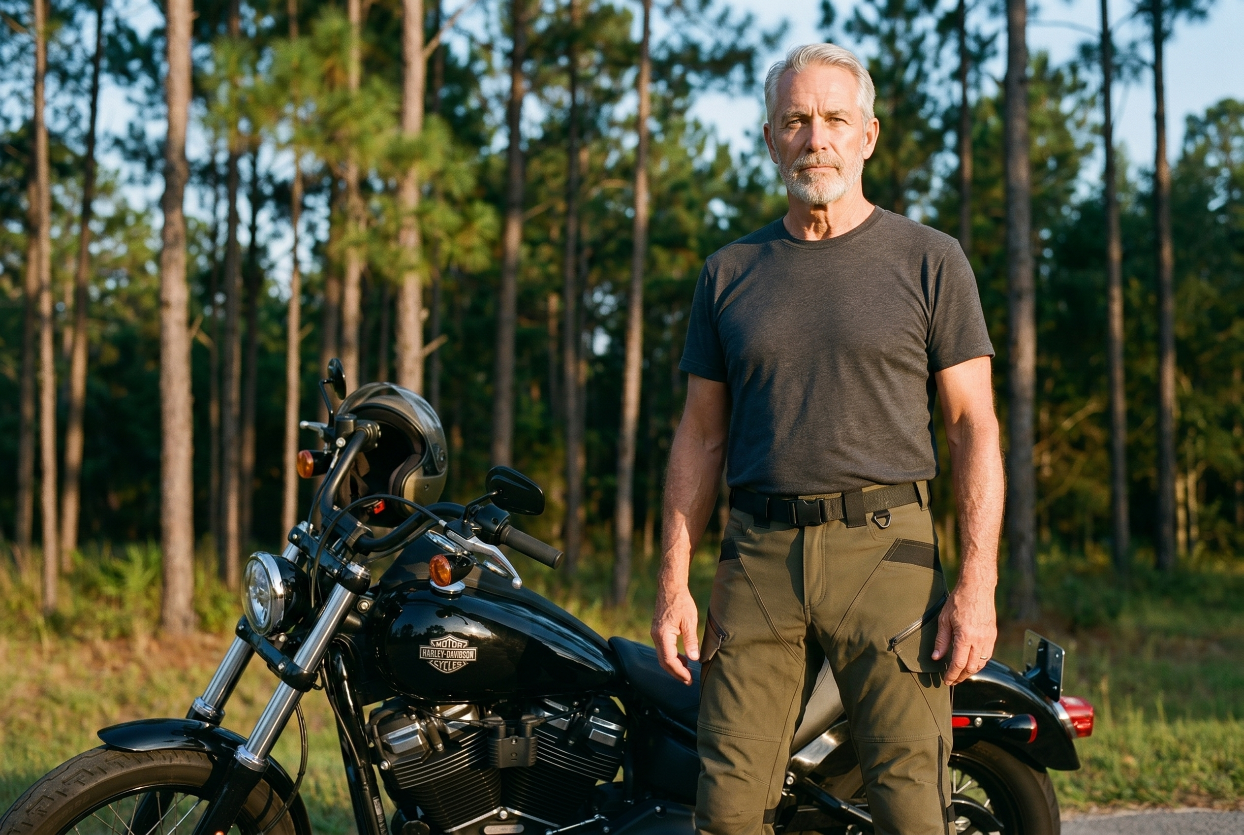 A lifelong rider in his late 60s standing beside his Harley at a Florida pull-off, wearing the olive RoadArmor riding pants