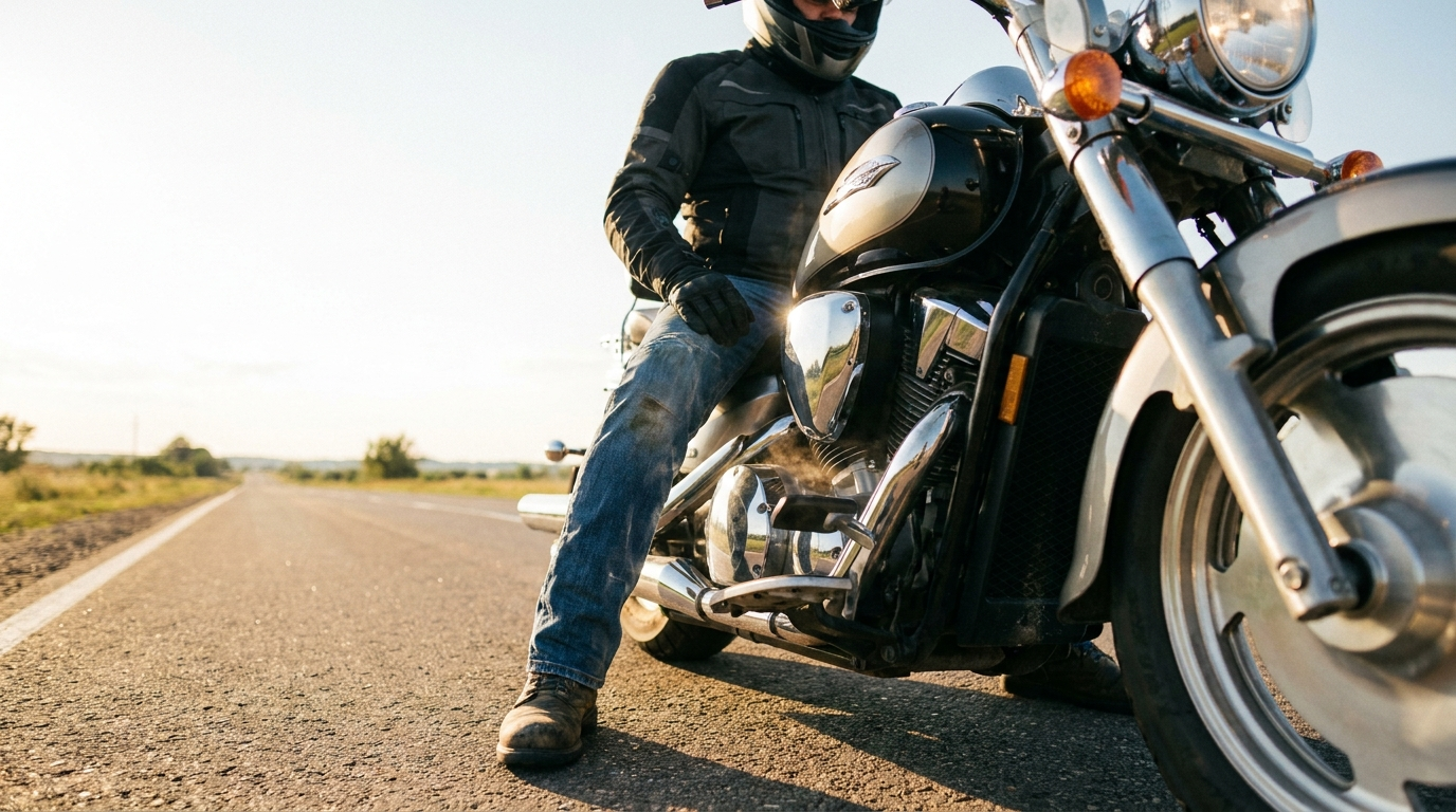 Rider geared up top but on bare denim legs