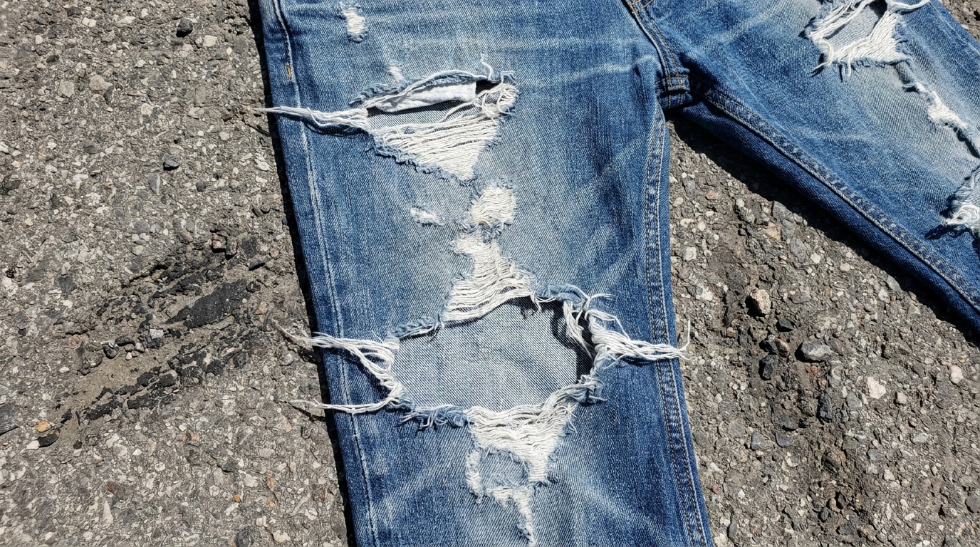 Denim torn open on asphalt after a slide