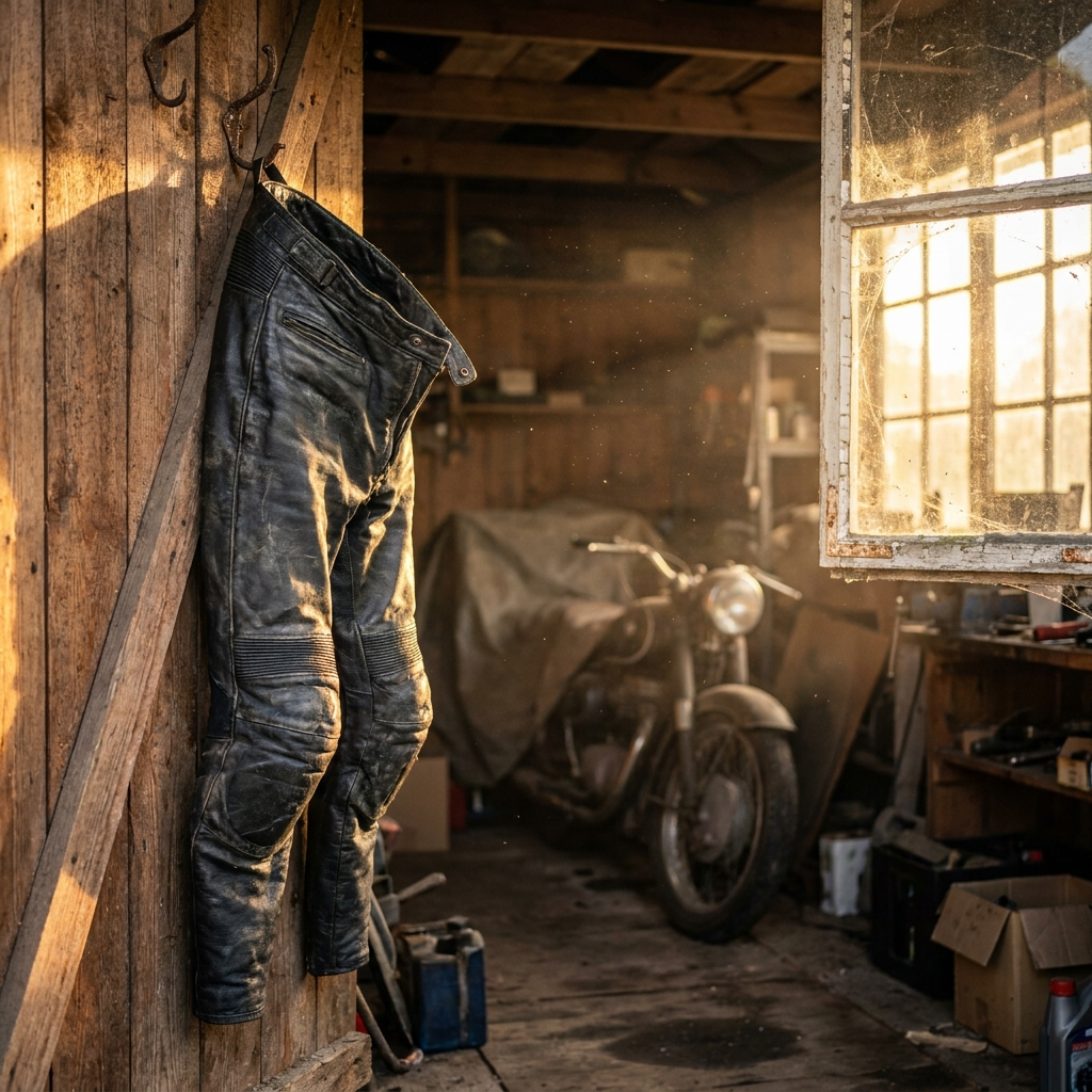 Leather pants hanging unused in a hot garage