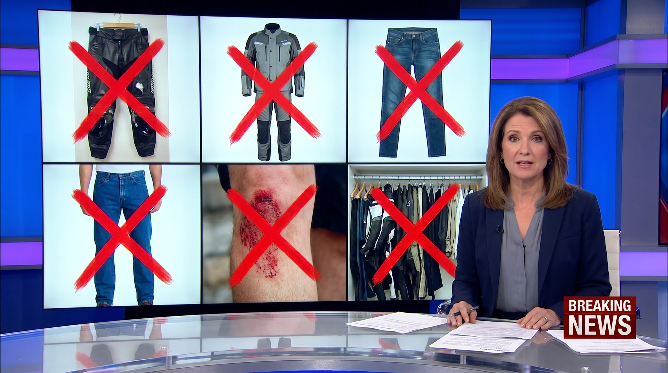 Television news anchor presenting a six panel video wall of failed motorcycle gear, each marked with a thick red X