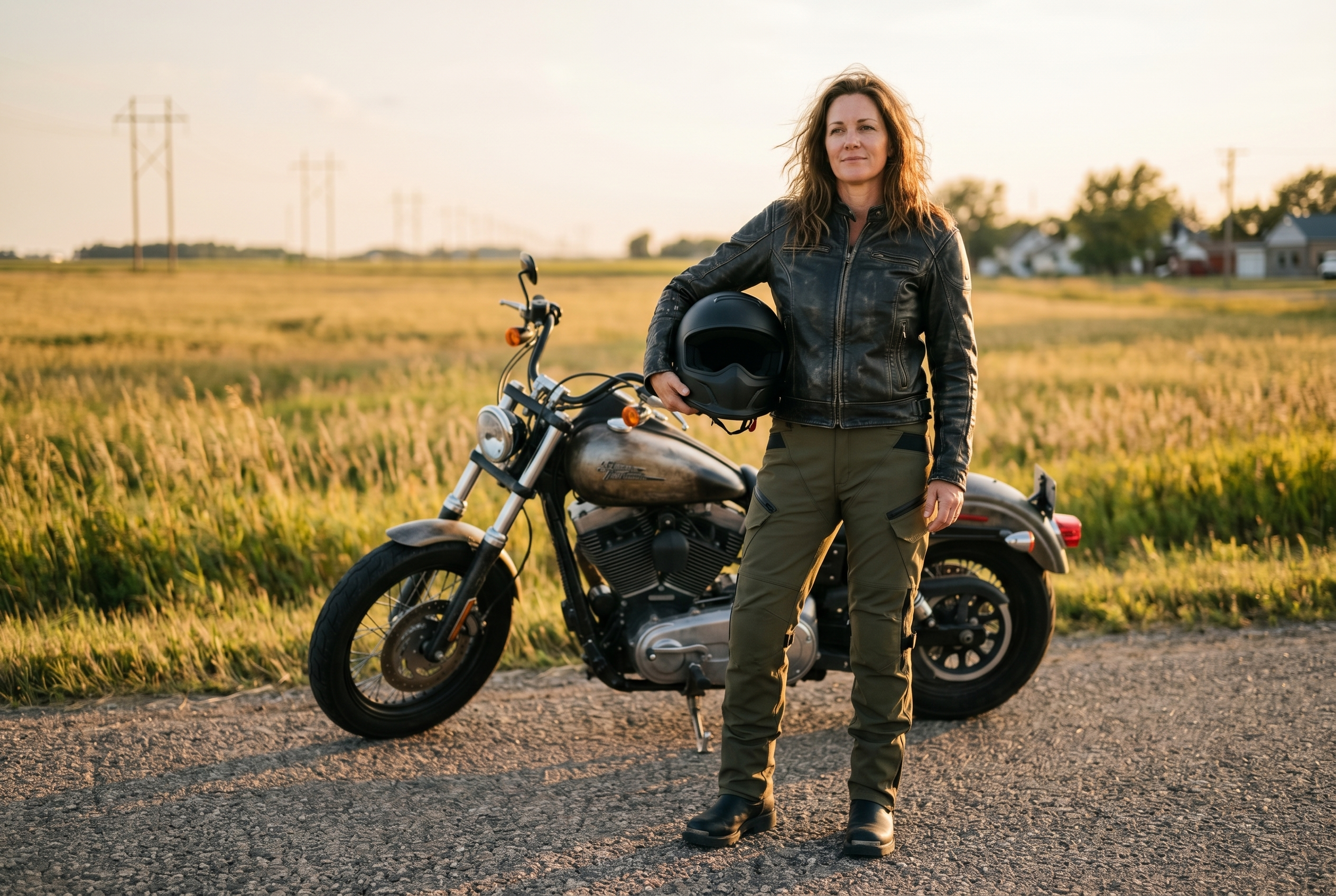 A woman motorcycle rider standing confidently beside her cruiser at golden hour, wearing olive RoadArmor riding pants