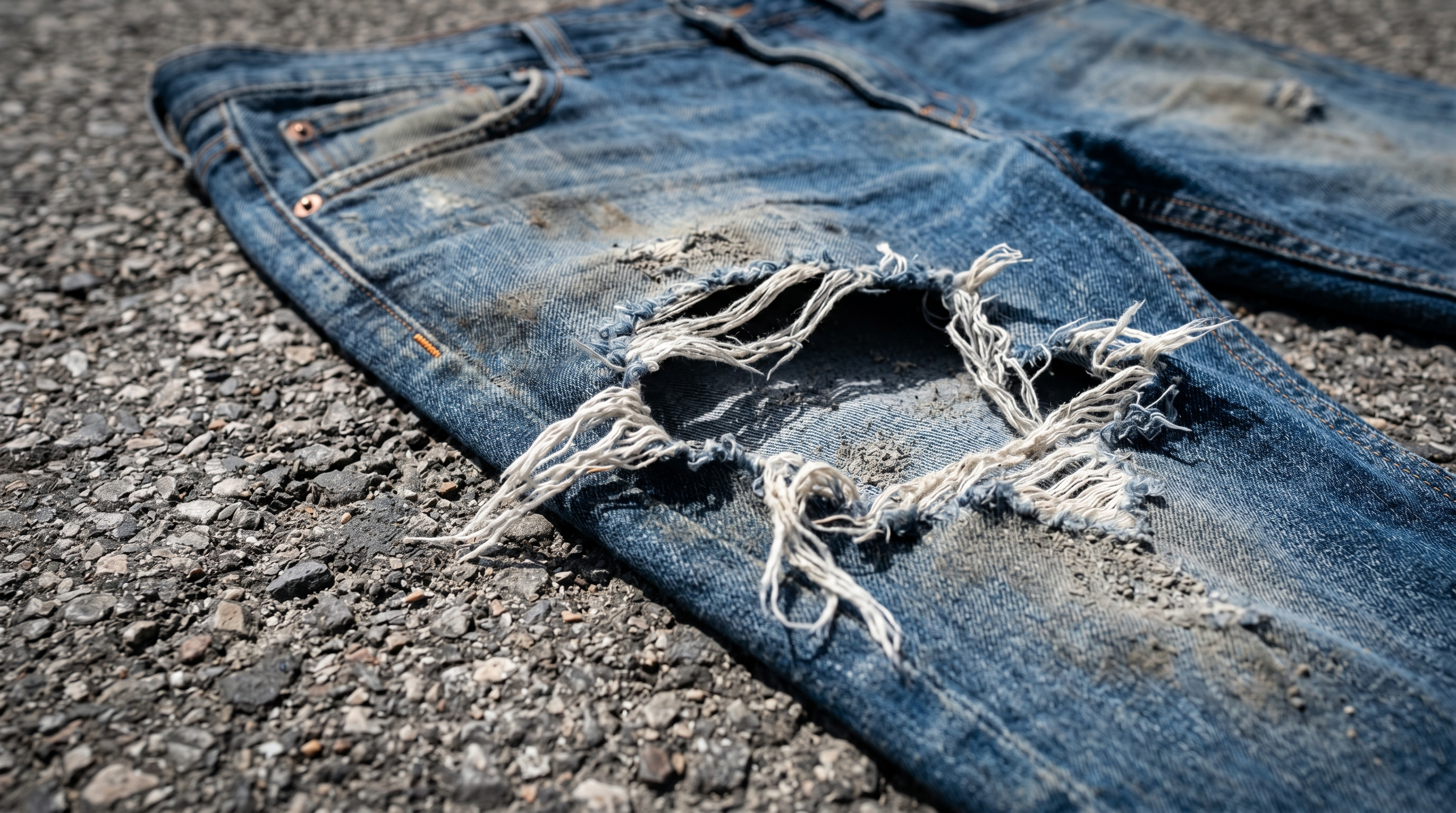 A pair of blue denim jeans shredded open at the knee from a high speed slide on asphalt