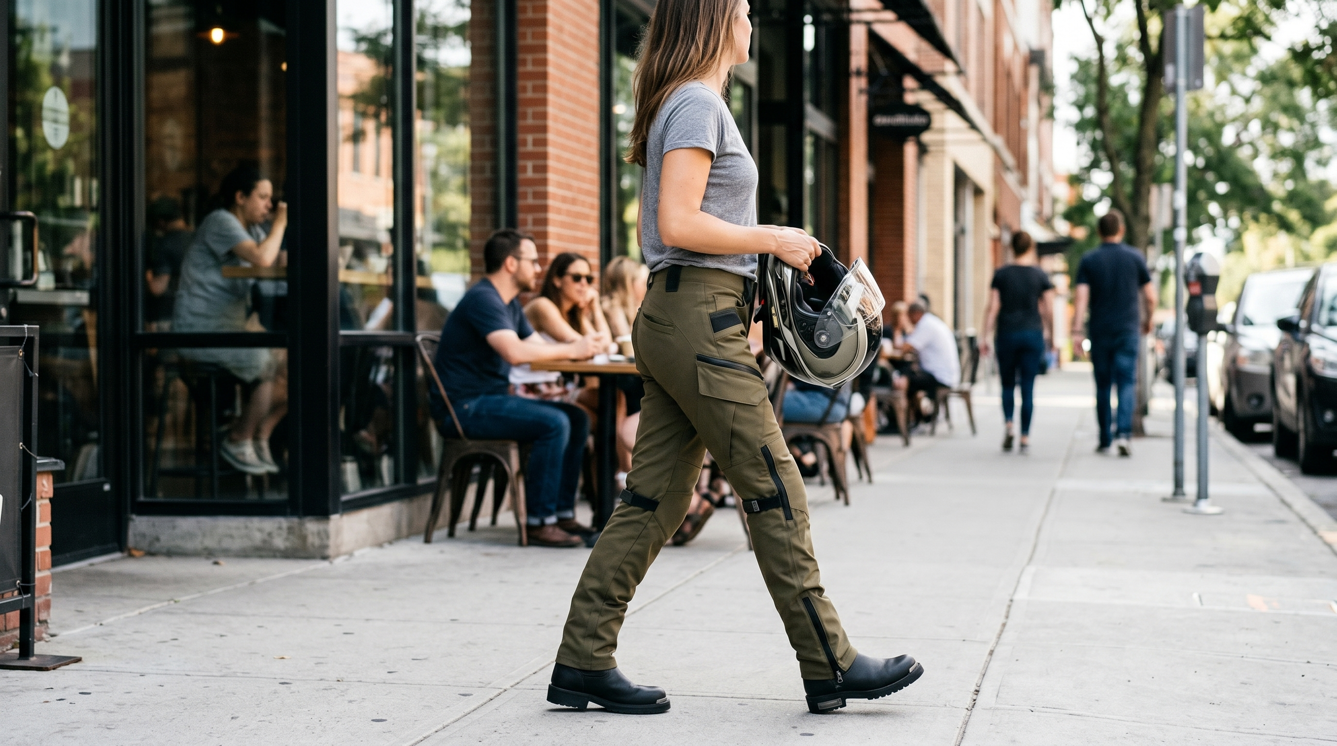 A woman walking past a cafe in olive RoadArmor pants that look like normal everyday cargo pants