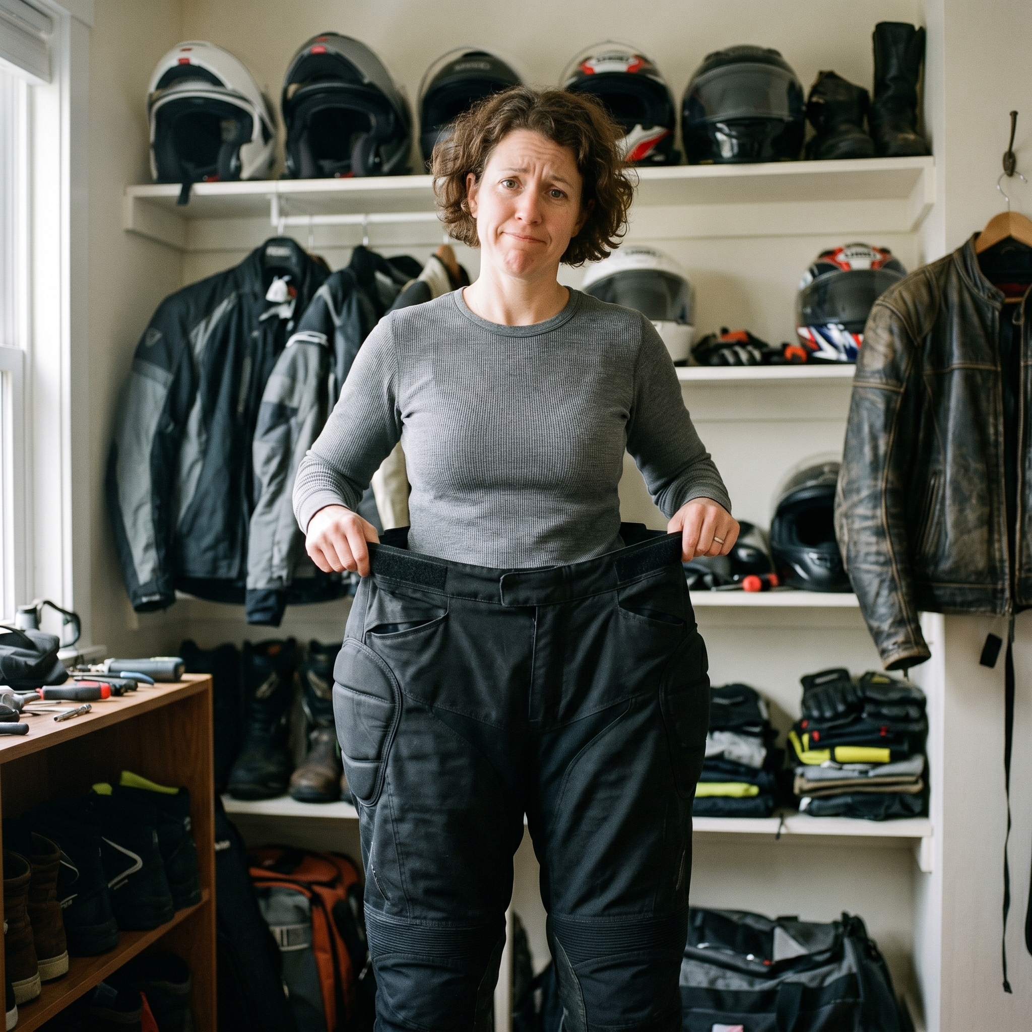 A woman holding up an oversized men's style riding pant that does not fit her body