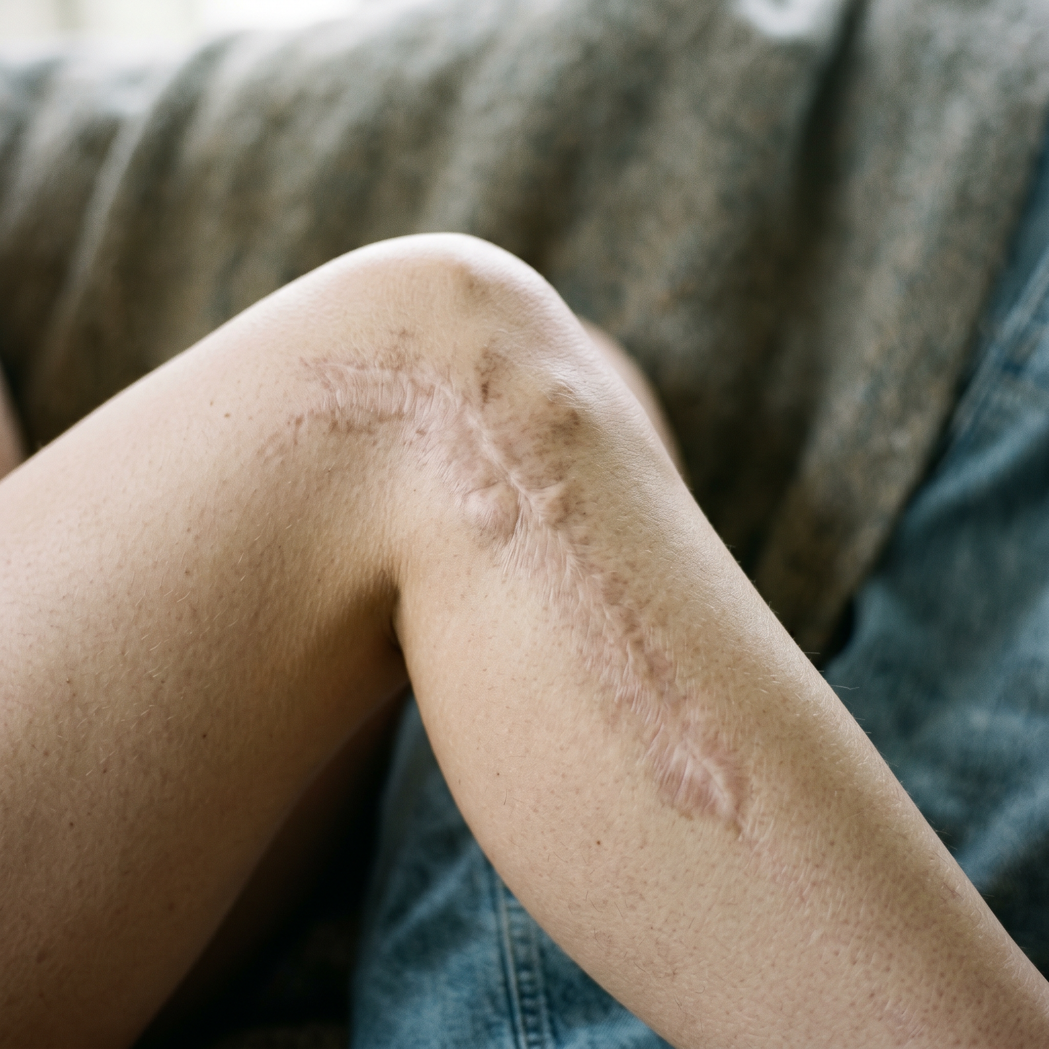 A healed road rash scar on a woman's knee and shin