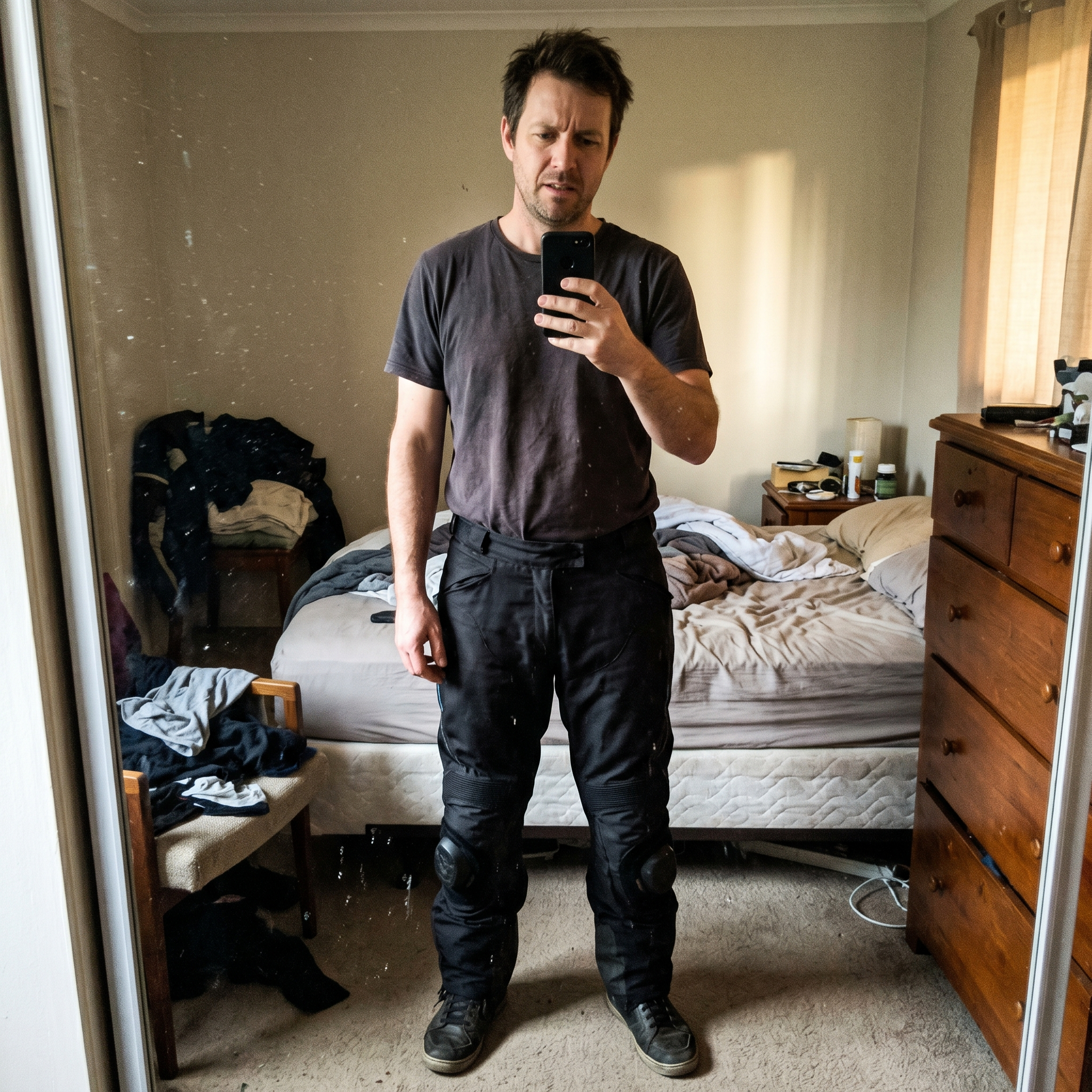 A man in a mirror wearing ill fitting baggy riding pants that do not fit