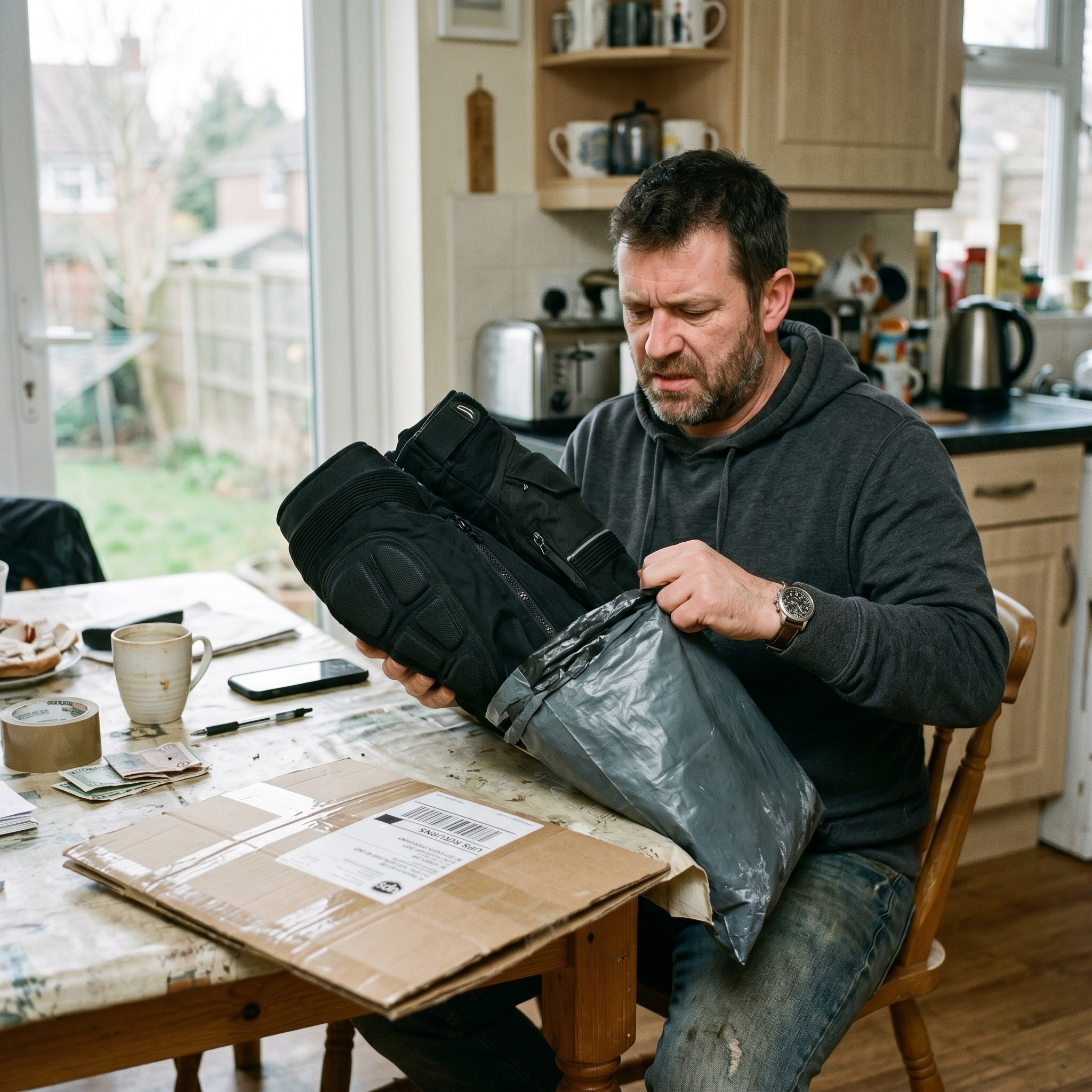 A man folding riding pants back into a shipping bag to return them