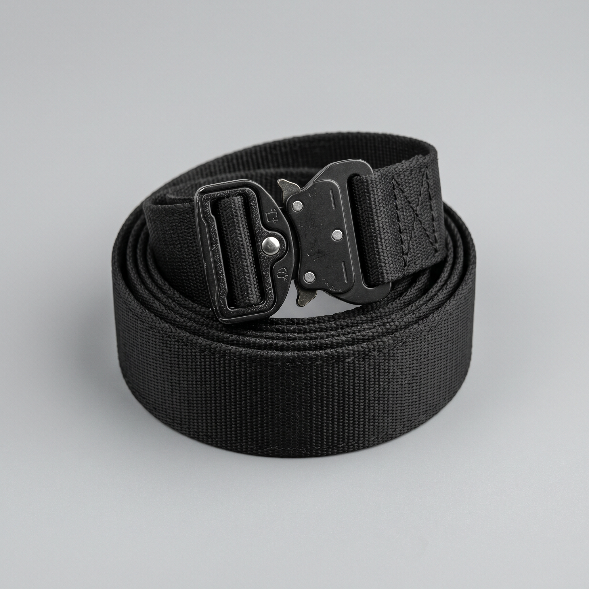 A black heavy duty tactical belt with a quick release buckle