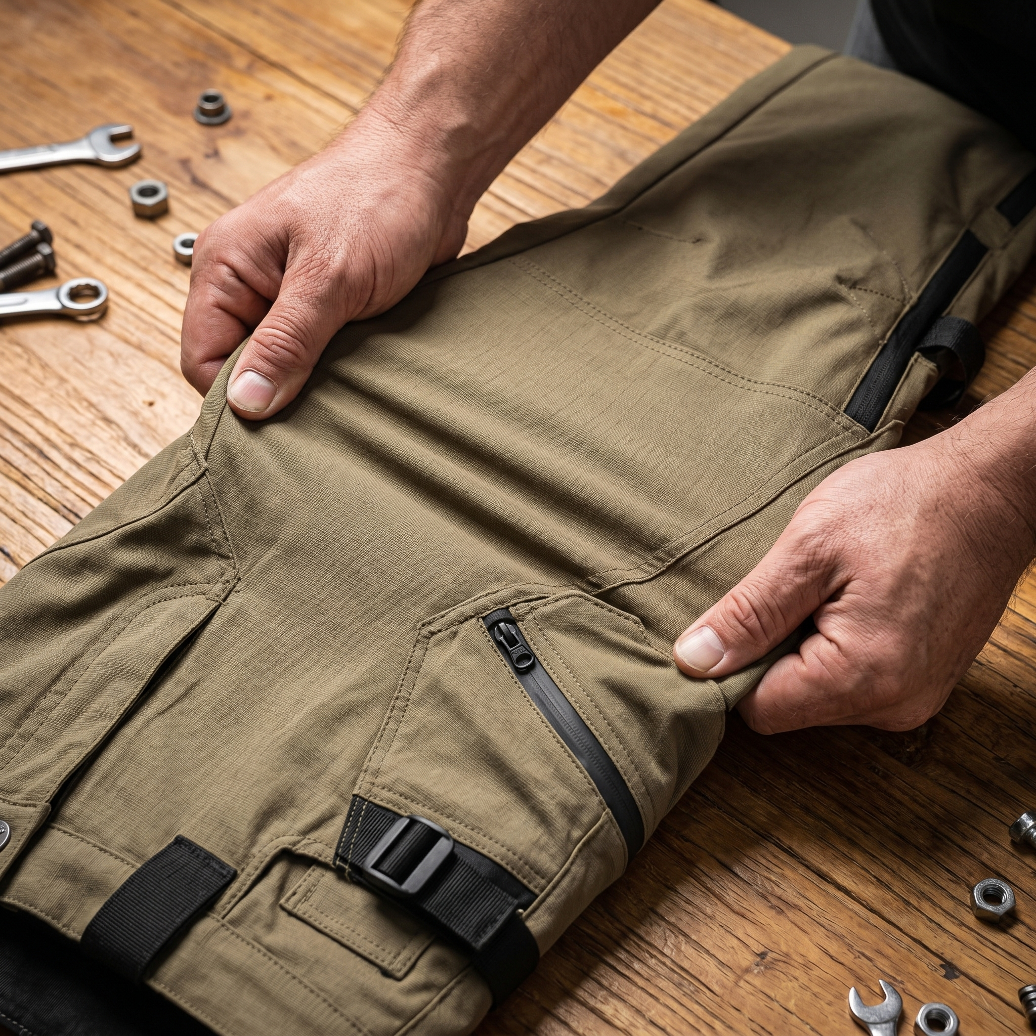 Hands stretching the flexible technical fabric of the RoadArmor pants