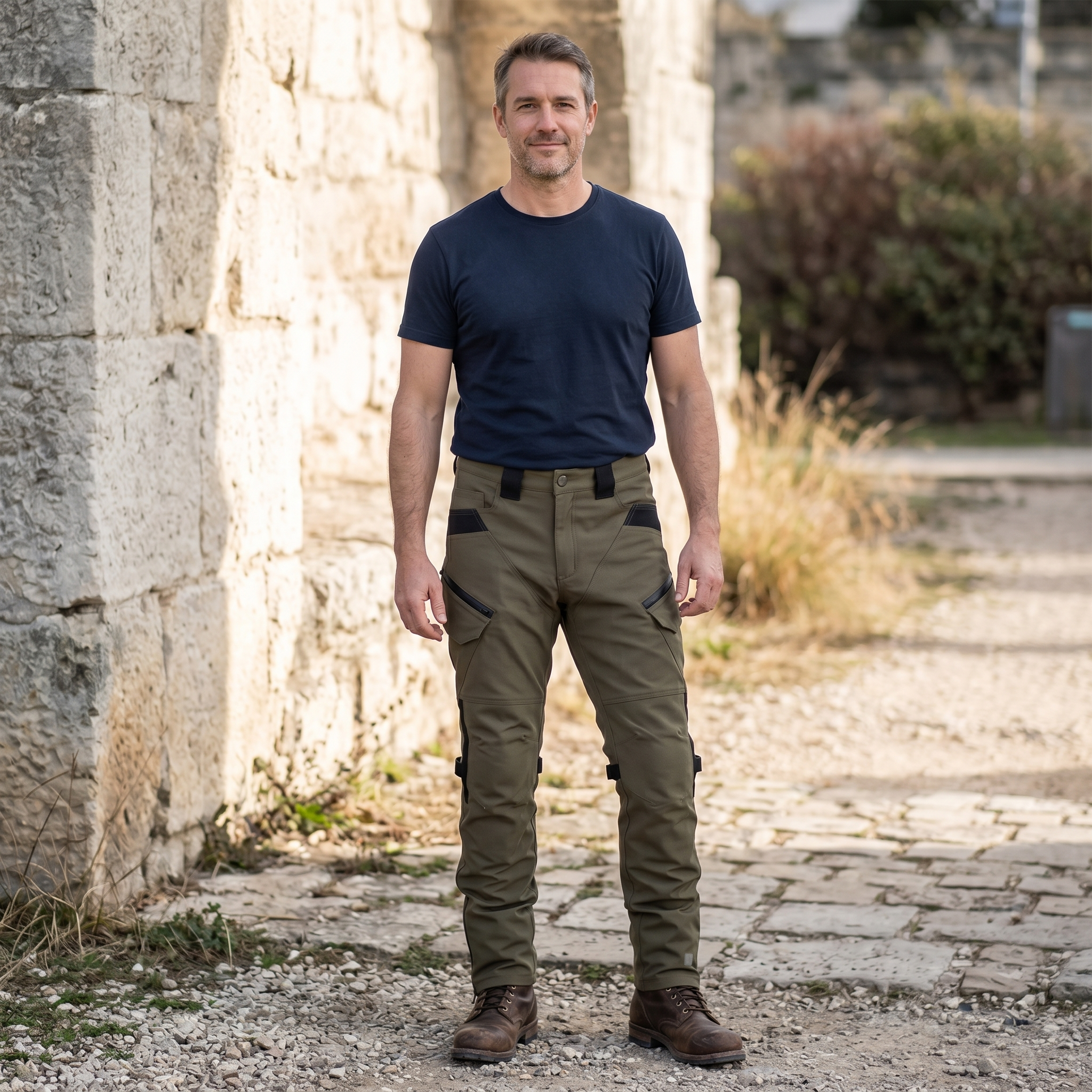 A man standing in well fitting olive RoadArmor riding pants