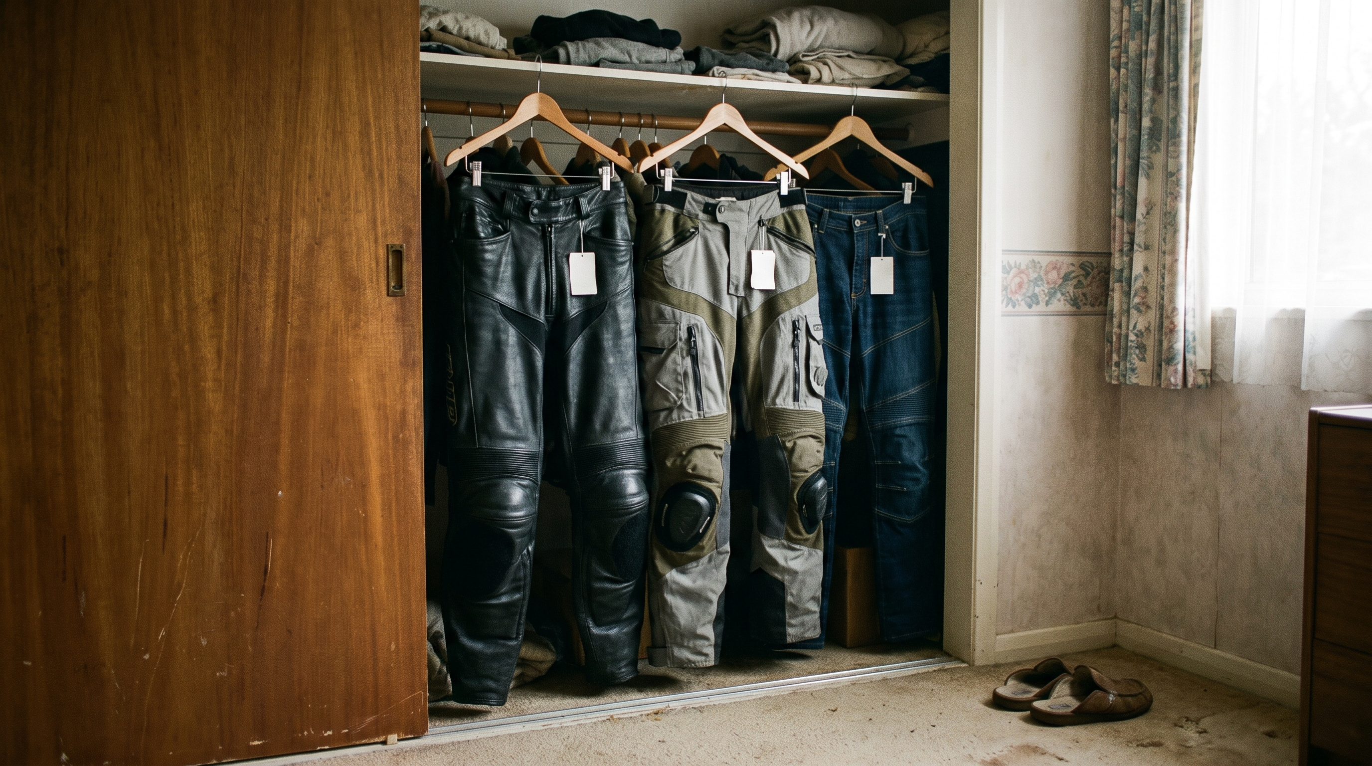 Leather motorcycle pants, adventure textile pants and kevlar jeans hanging unused in a bedroom closet
