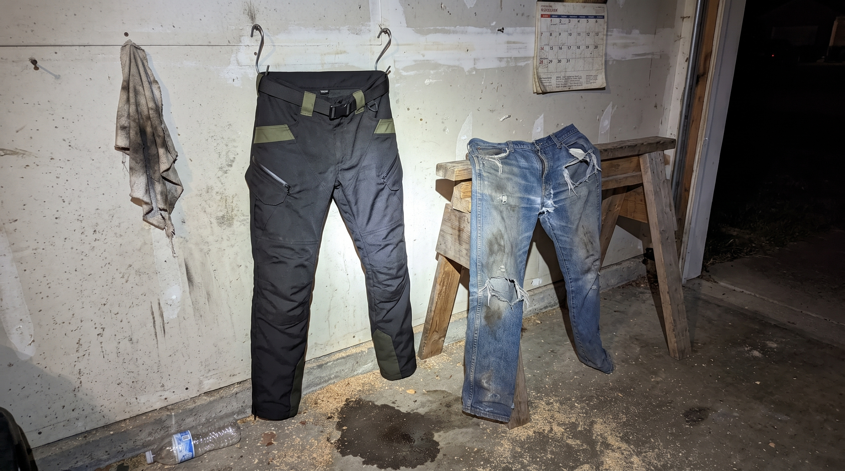 The RoadArmor riding pants hanging on a garage hook above a shredded pair of denim jeans