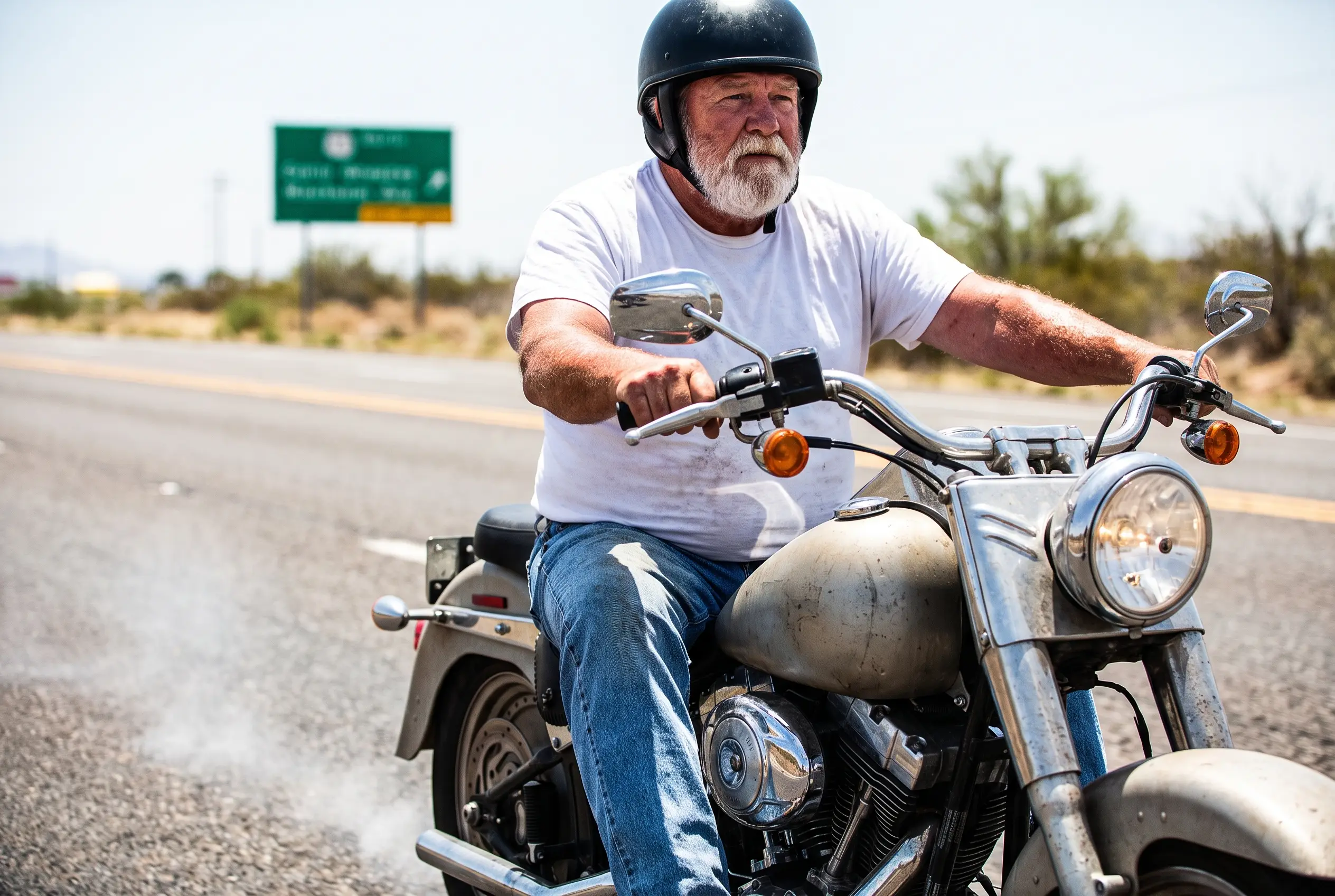 Older rider on a hot highway in a t shirt and jeans