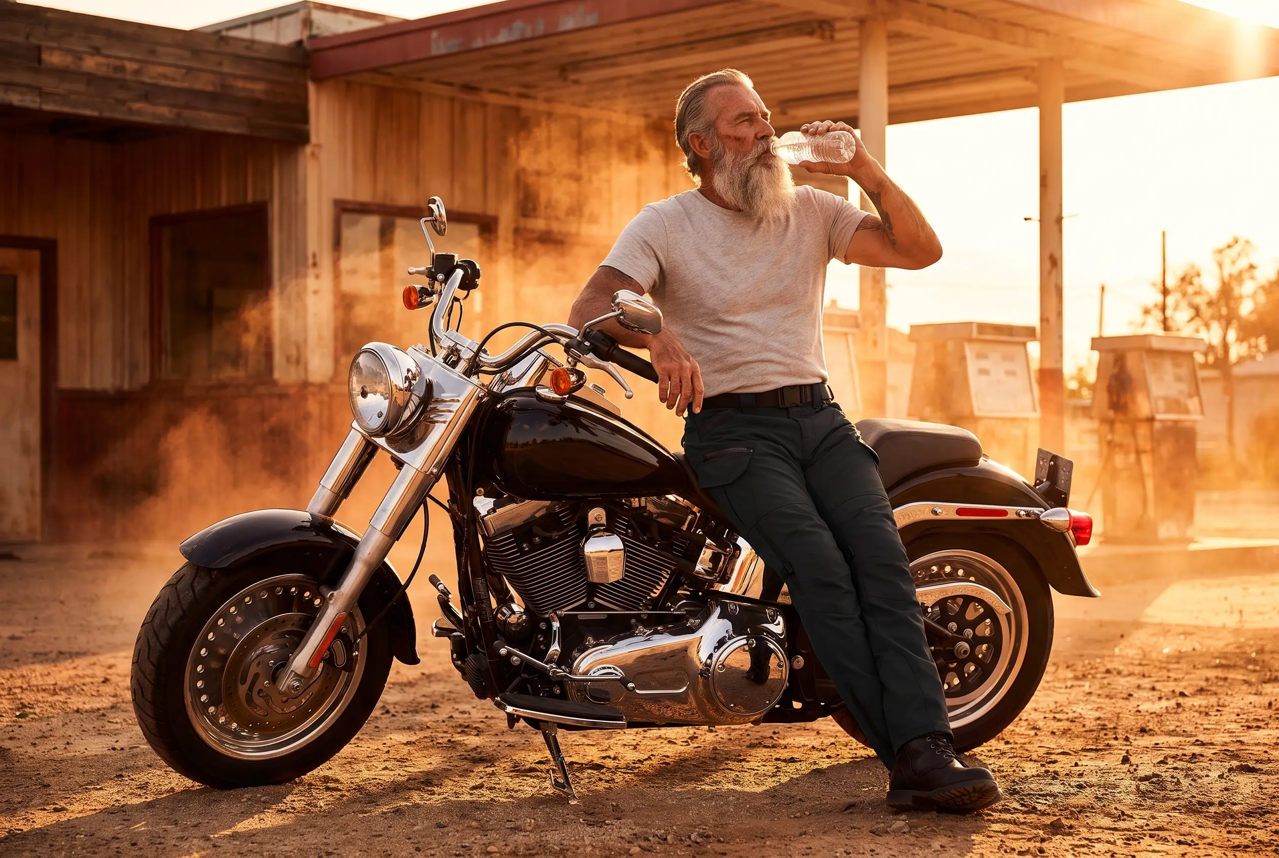 Older rider relaxed at a gas station on a hot day wearing RoadArmor pants